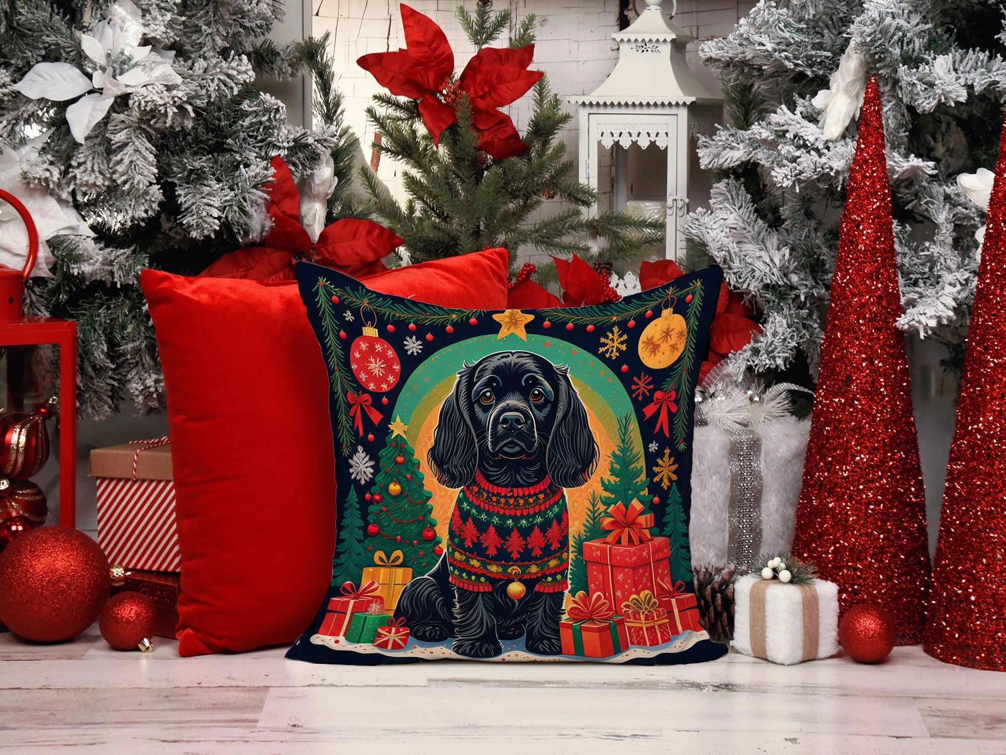 Black Cocker Spaniel Christmas Decorative Throw Pillow 18x18 Indoor Outdoor Accent Cushion, Fabric Cover with Insert for Sofa, Bed, Porch & Living Room