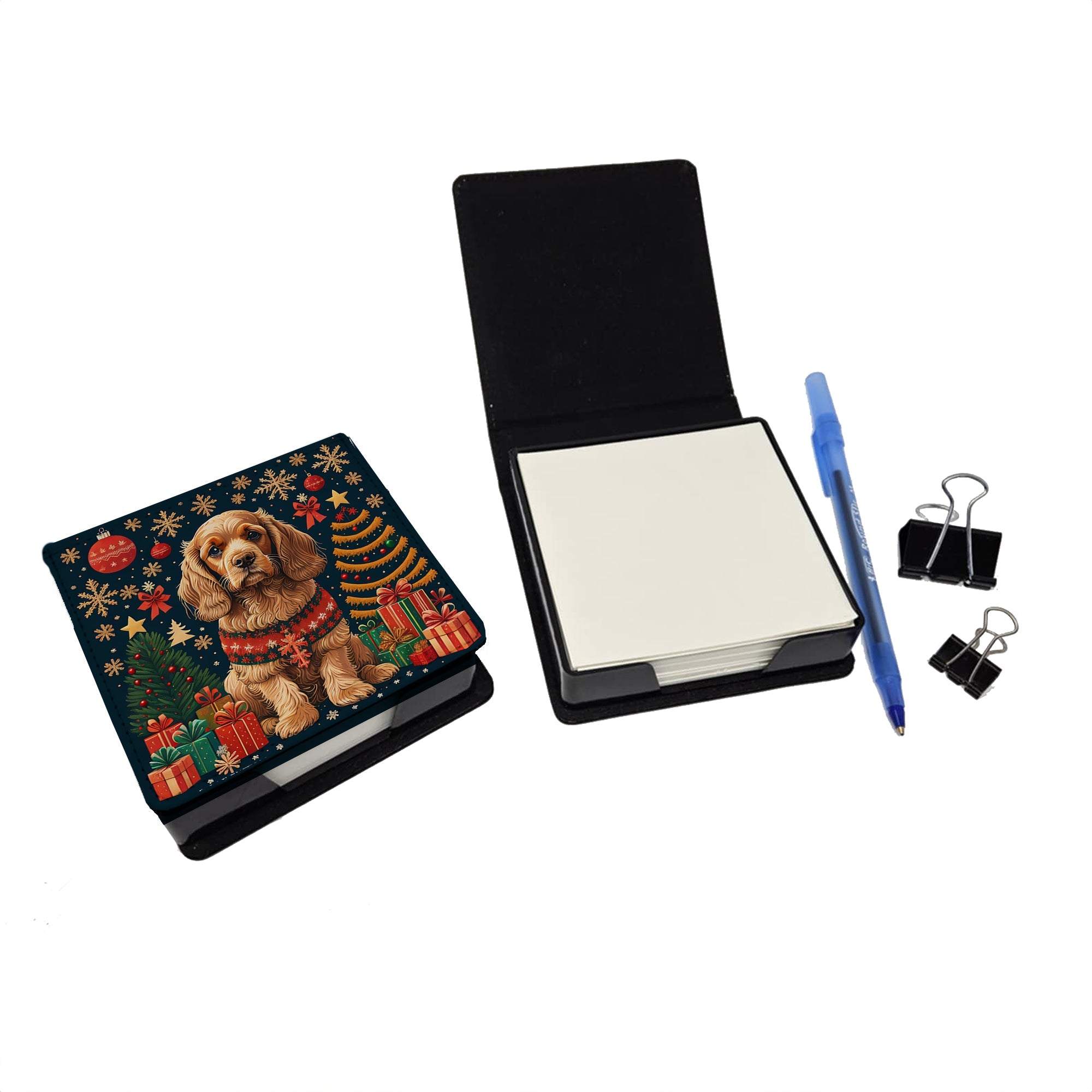 Cocker Spaniel Christmas PU Leather Note Paper Holder with Artist-Designed Cover, Desk Accessory, Office Gift