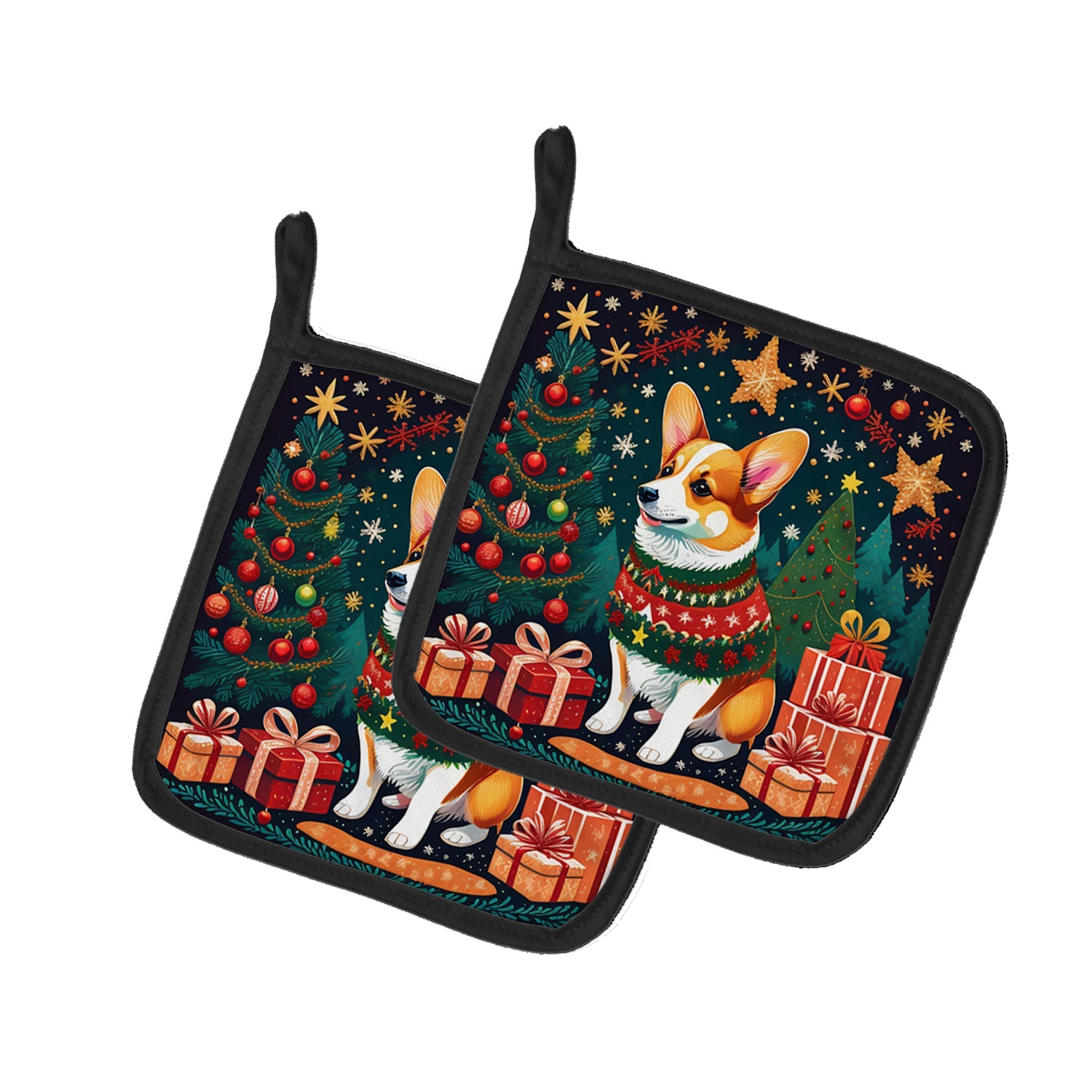 Corgi Christmas Pot Holder Set of 2 Heat Resistant Quilted Hot Pads 7.5 x 7.5 Inch, Insulated Kitchen Trivets for Cooking & Baking