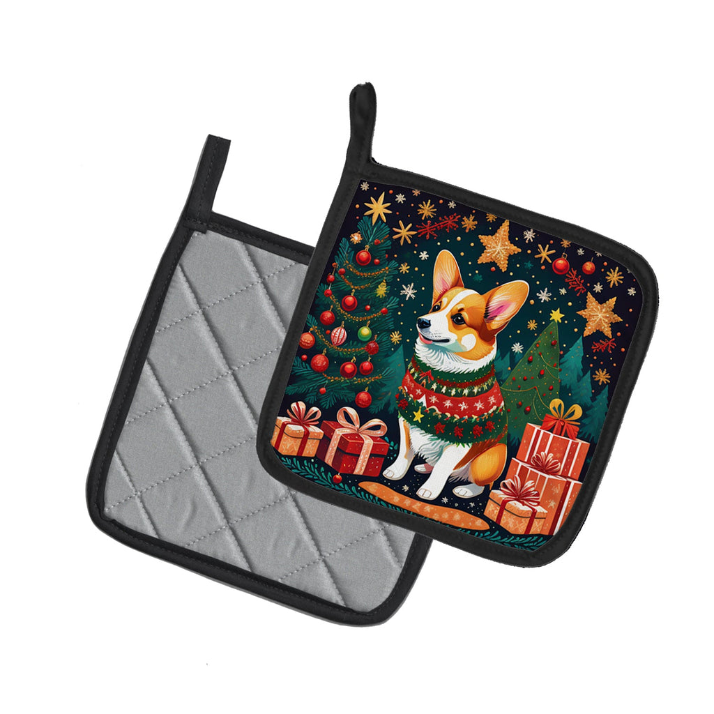 Corgi Christmas Pot Holder Set of 2 Heat Resistant Quilted Hot Pads 7.5 x 7.5 Inch, Insulated Kitchen Trivets for Cooking & Baking
