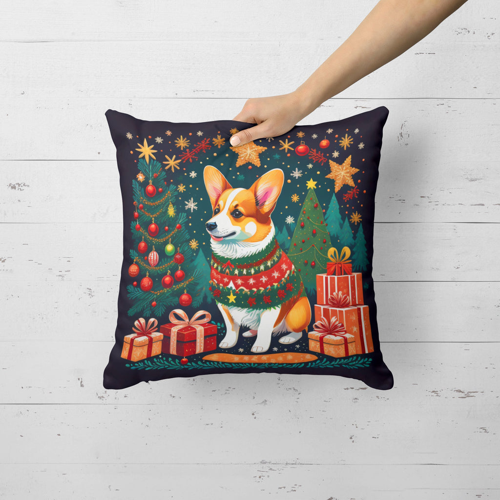 Corgi Christmas Decorative Throw Pillow 14x14 Indoor Outdoor Accent Cushion, Fabric Cover with Insert for Sofa, Bed, Porch & Living Room