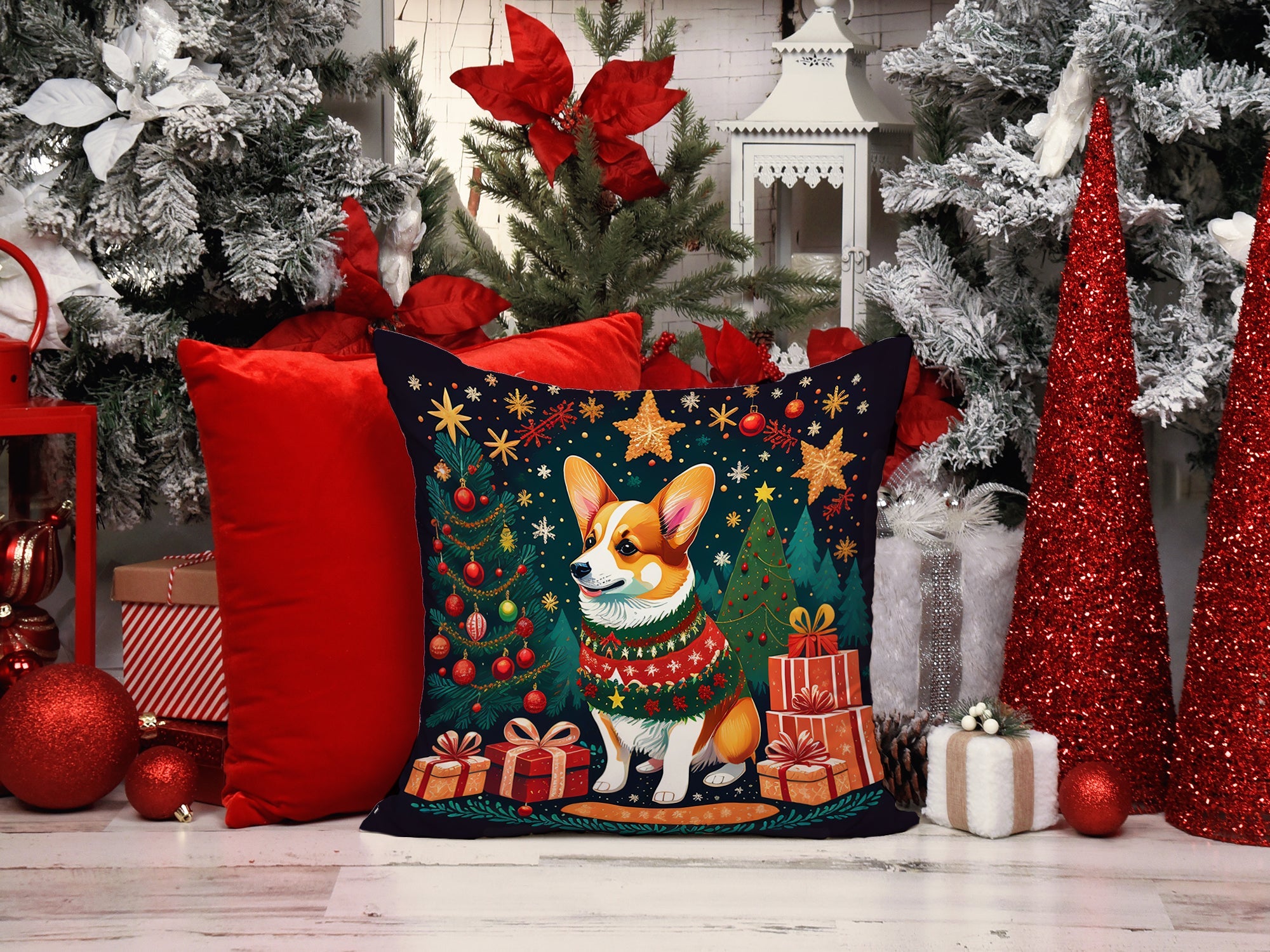 Corgi Christmas Decorative Throw Pillow 14x14 Indoor Outdoor Accent Cushion, Fabric Cover with Insert for Sofa, Bed, Porch & Living Room