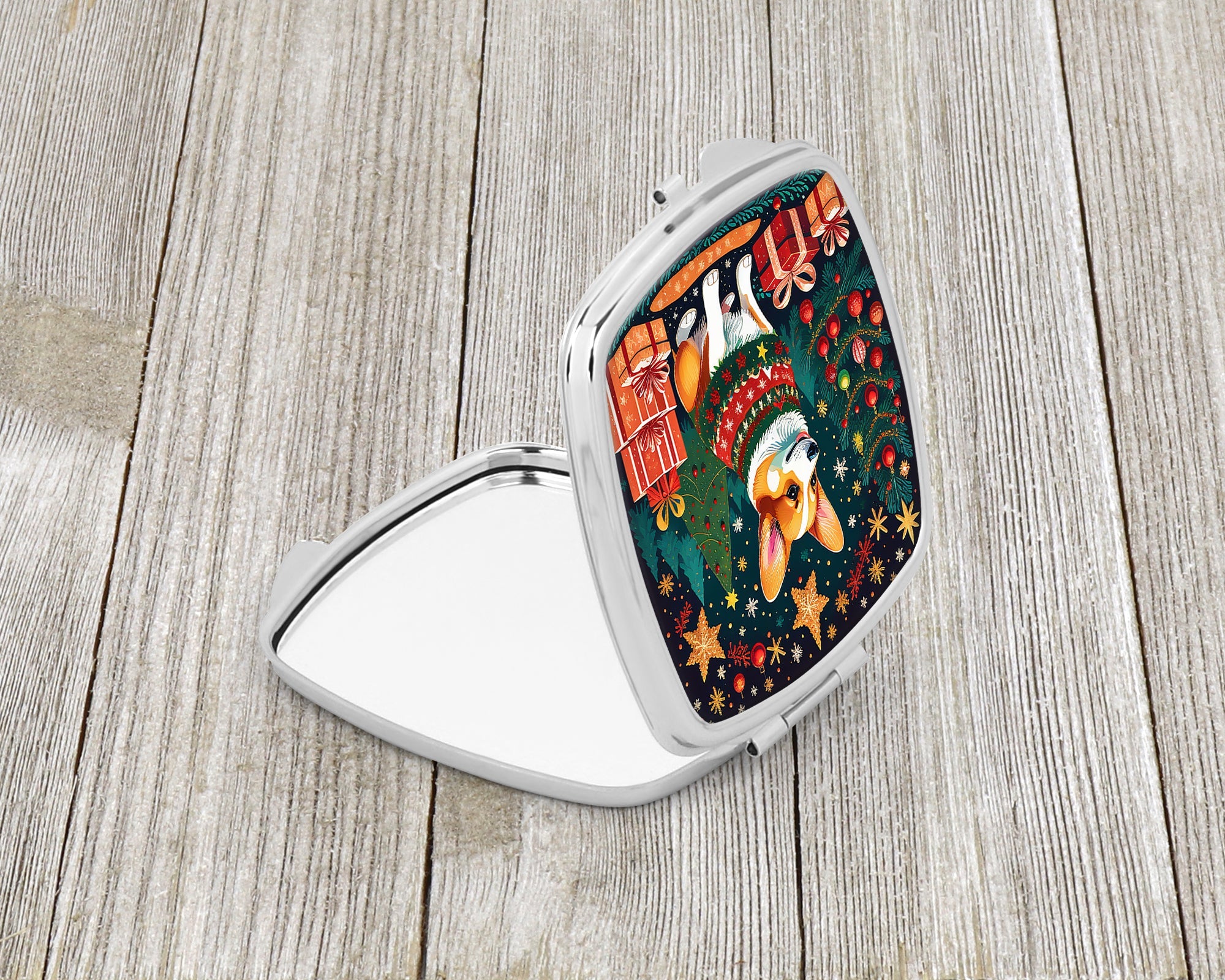 Corgi Christmas Compact Mirror Decorative Travel Makeup Mirror for Women Girls Gifts Pocket Makeup Mirror Folding Handheld