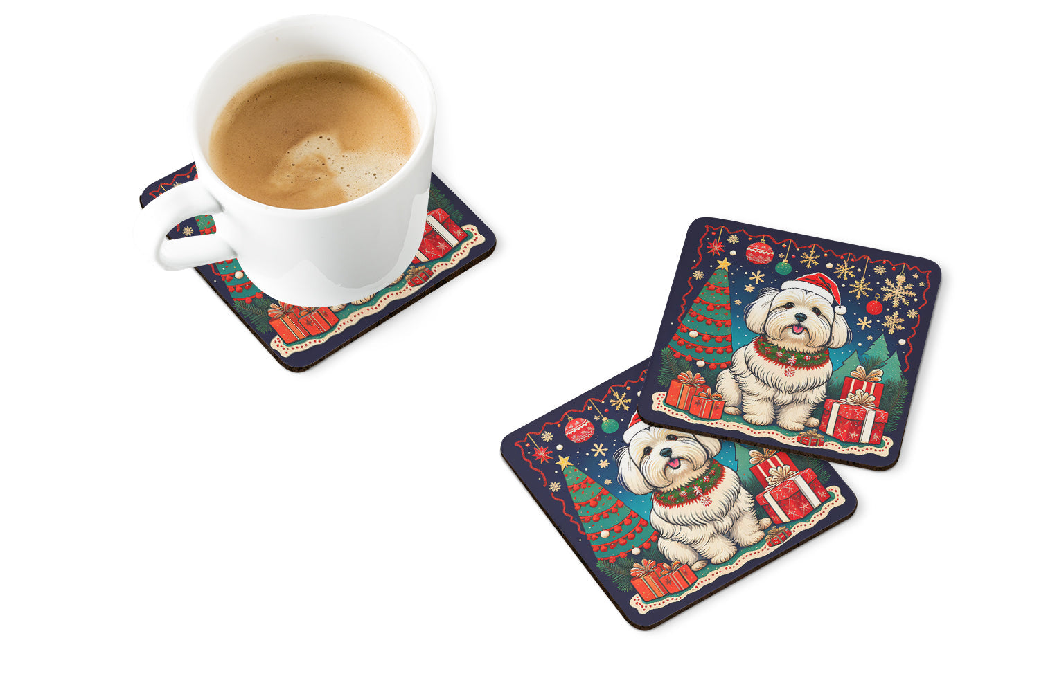 Coton De Tulear Christmas Foam Coasters Set of 4 Cup Coasters for Indoor Outdoor, Tabletop Protection, Anti Slip, Mouse pad Material