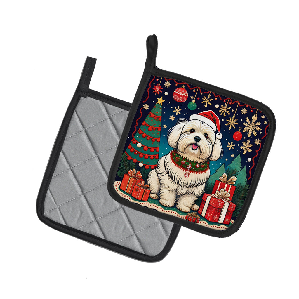 Coton De Tulear Christmas Pot Holder Set of 2 Heat Resistant Quilted Hot Pads 7.5 x 7.5 Inch, Insulated Kitchen Trivets for Cooking & Baking