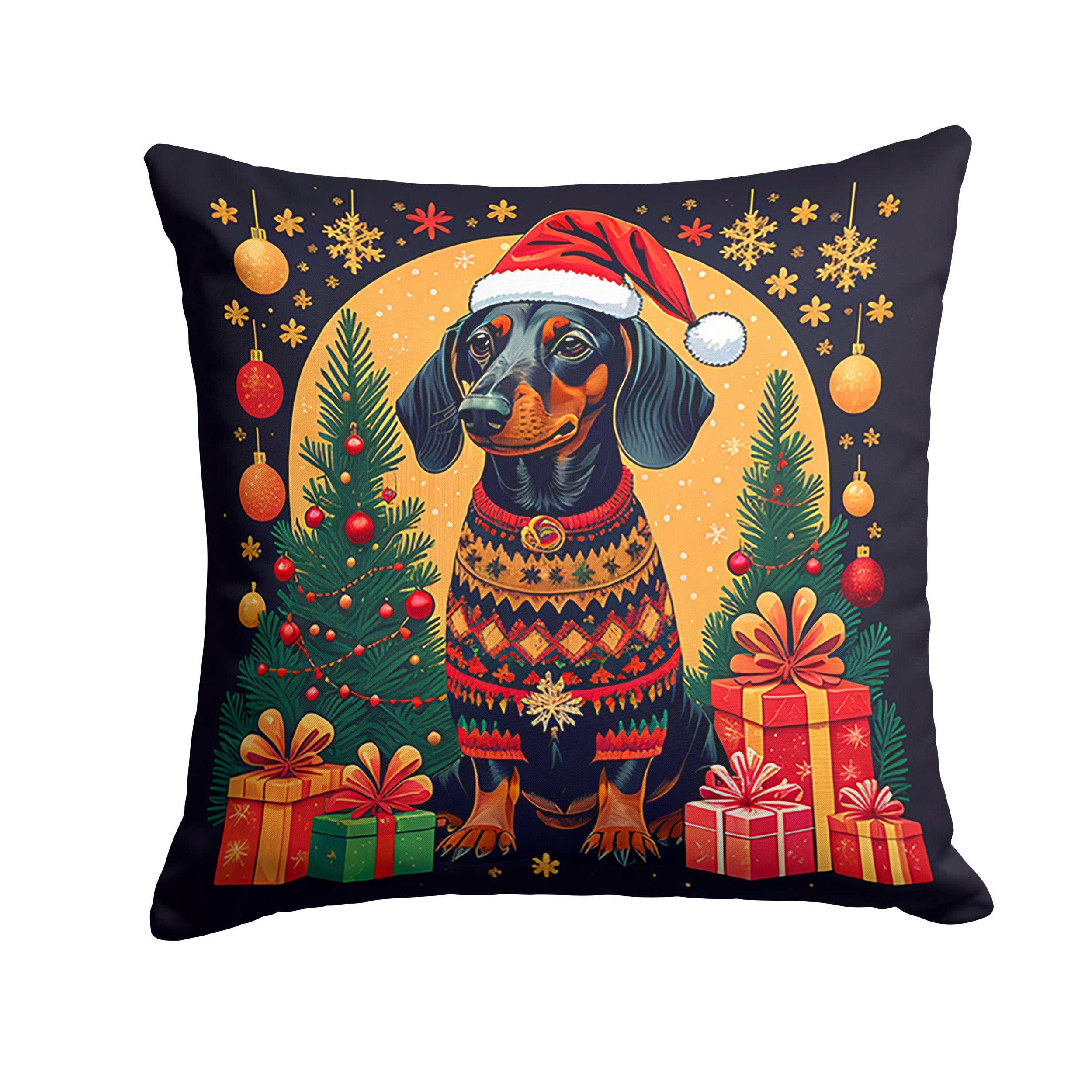 Black and Tan Dachshund Christmas Decorative Throw Pillow 18x18 Indoor Outdoor Accent Cushion, Fabric Cover with Insert for Sofa, Bed, Porch & Living Room