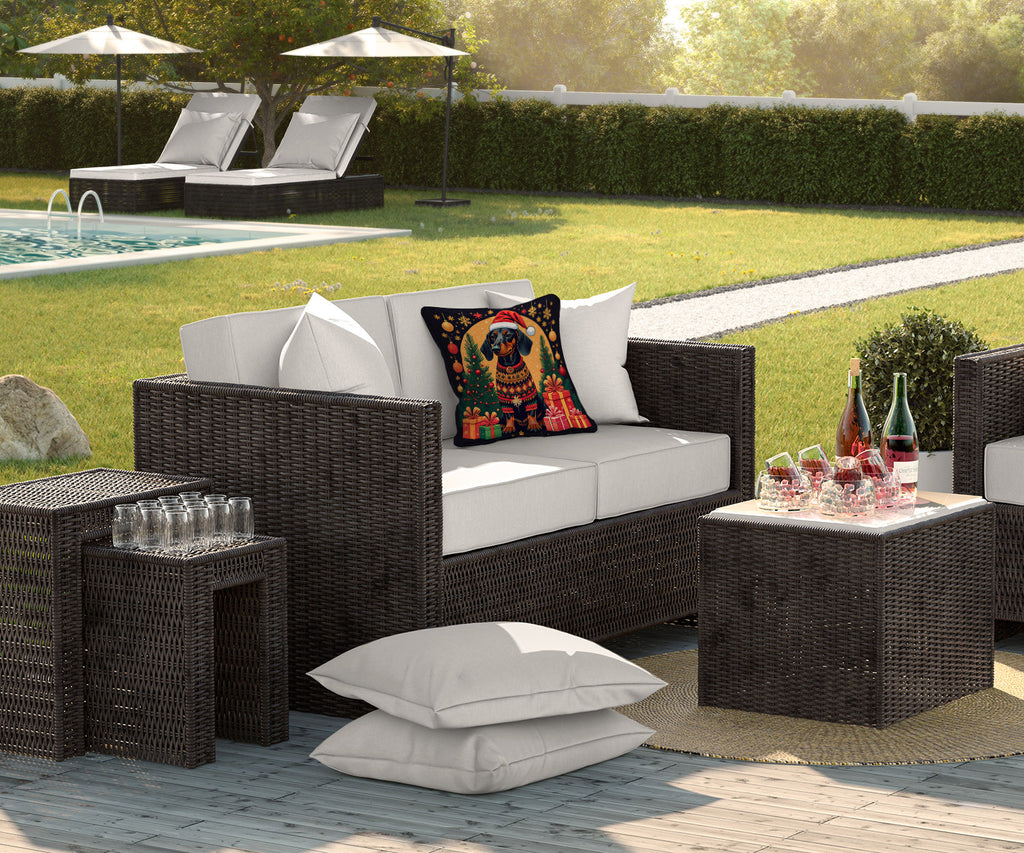Black and Tan Dachshund Christmas Decorative Throw Pillow 18x18 Indoor Outdoor Accent Cushion, Fabric Cover with Insert for Sofa, Bed, Porch & Living Room