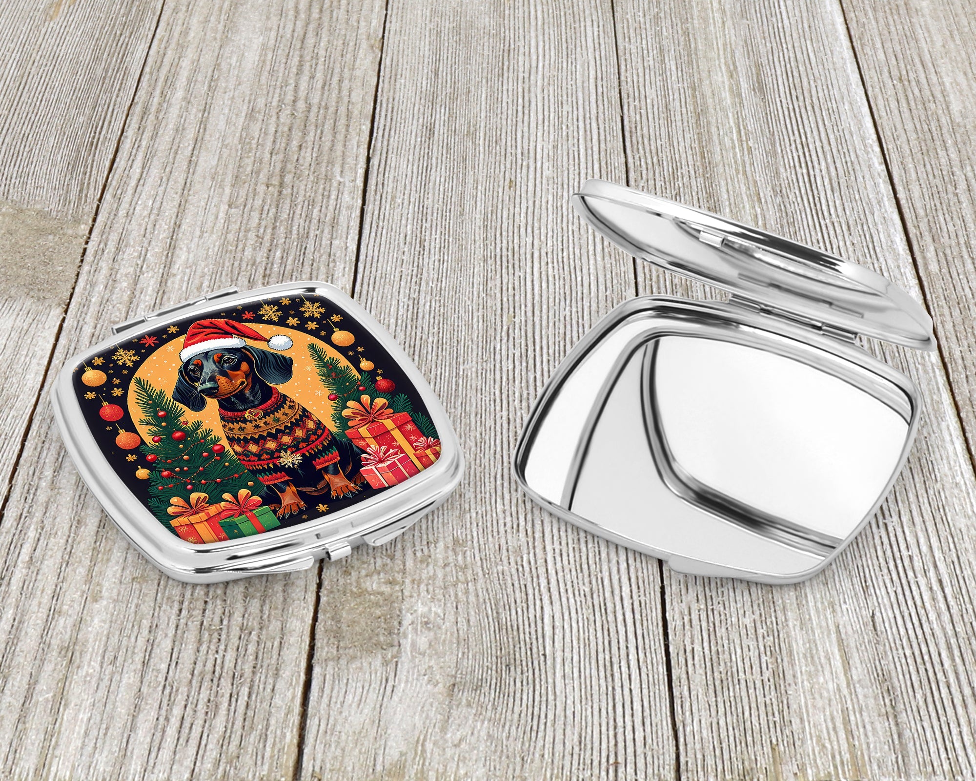Black and Tan Dachshund Christmas Compact Mirror Decorative Travel Makeup Mirror for Women Girls Gifts Pocket Makeup Mirror Folding Handheld