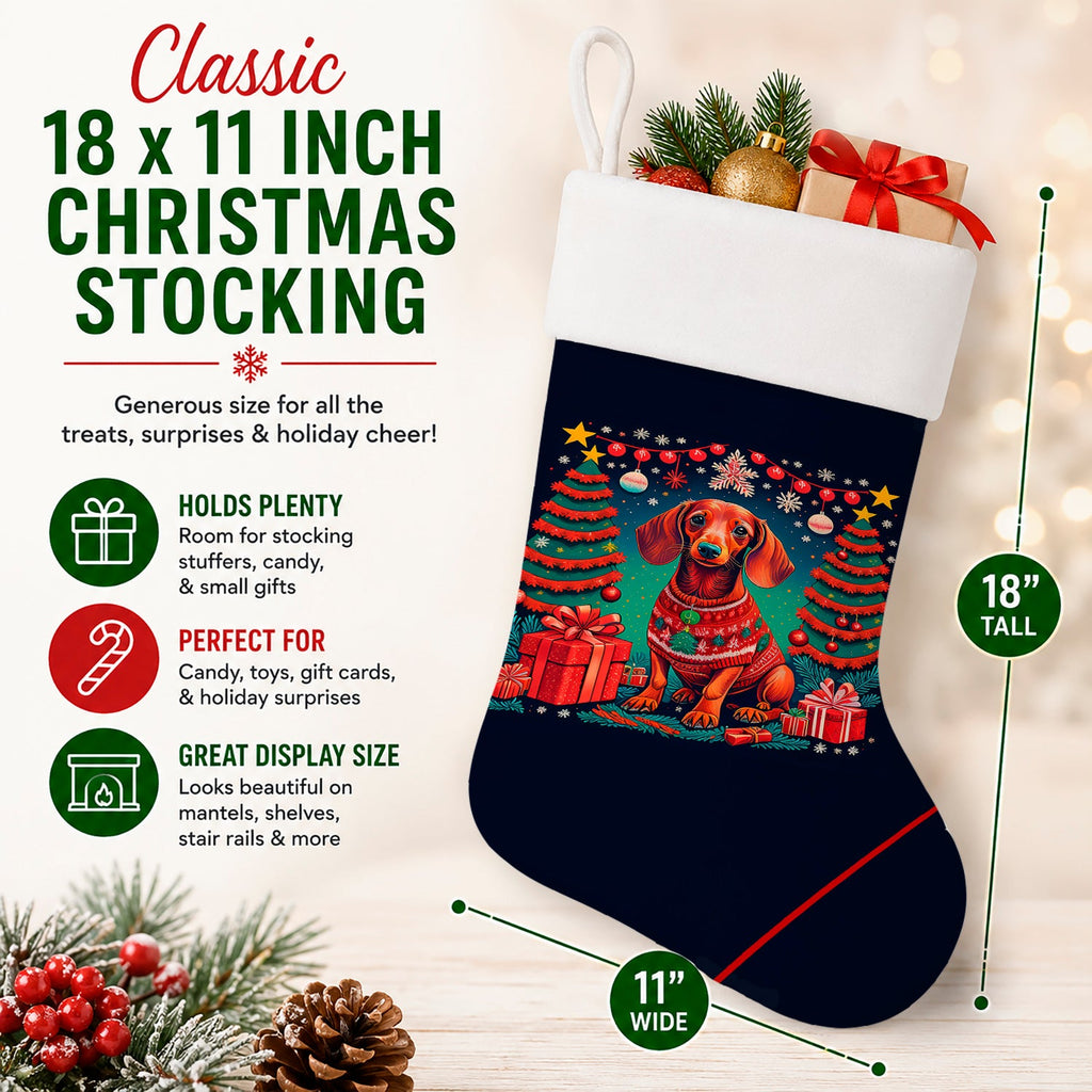 Dachshund Christmas Holiday Stocking Double-Sided Print, Polyester Suede,11x18, Made in USA