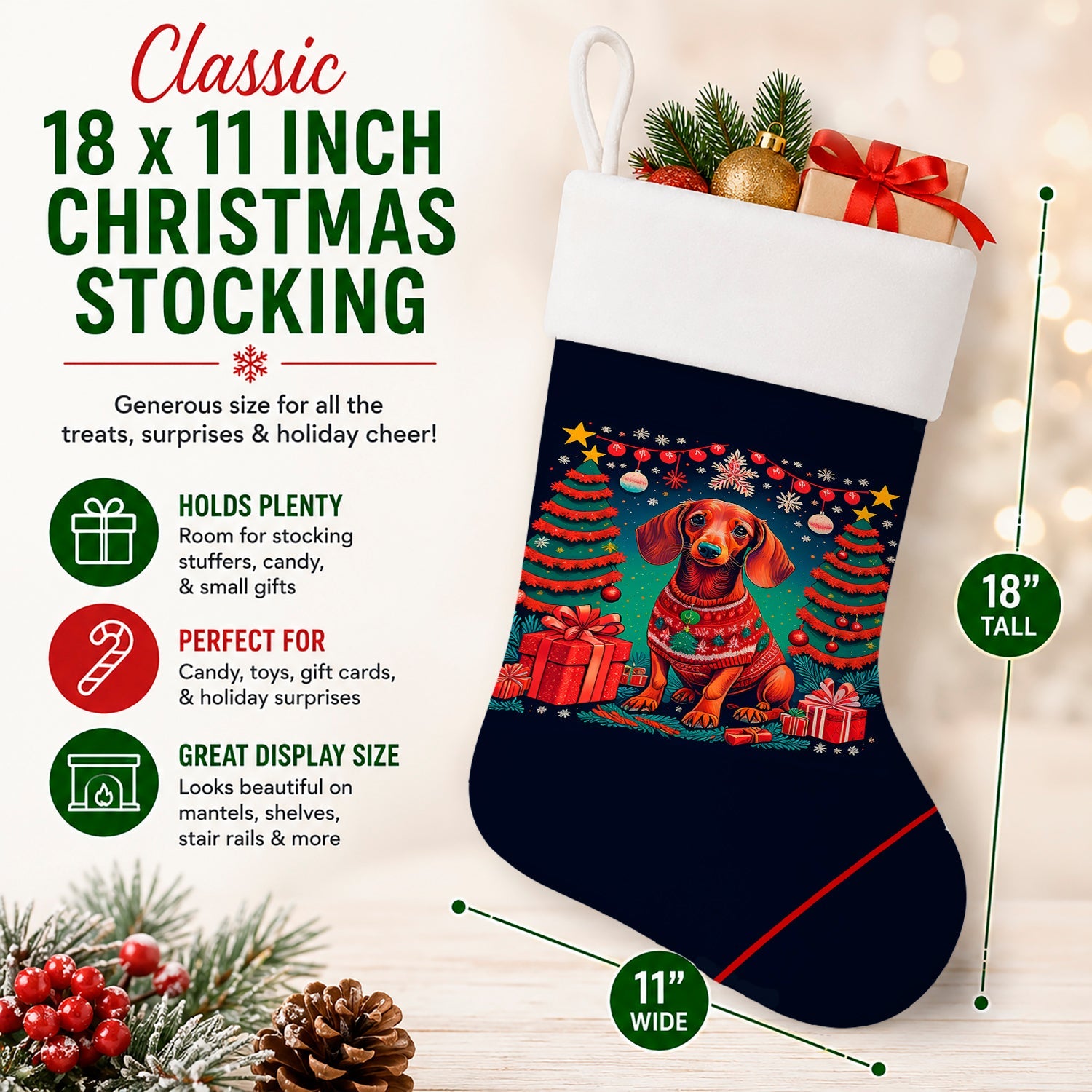 Dachshund Christmas Holiday Stocking Double-Sided Print, Polyester Suede,11x18, Made in USA