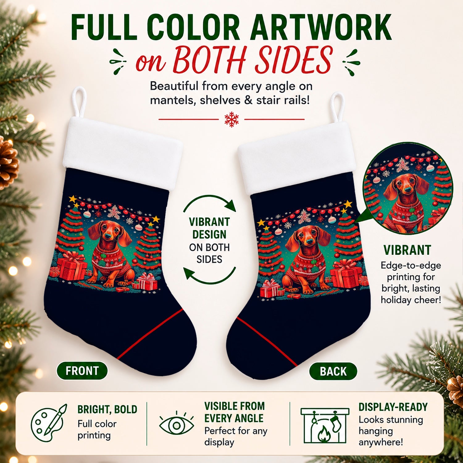 Dachshund Christmas Holiday Stocking Double-Sided Print, Polyester Suede,11x18, Made in USA
