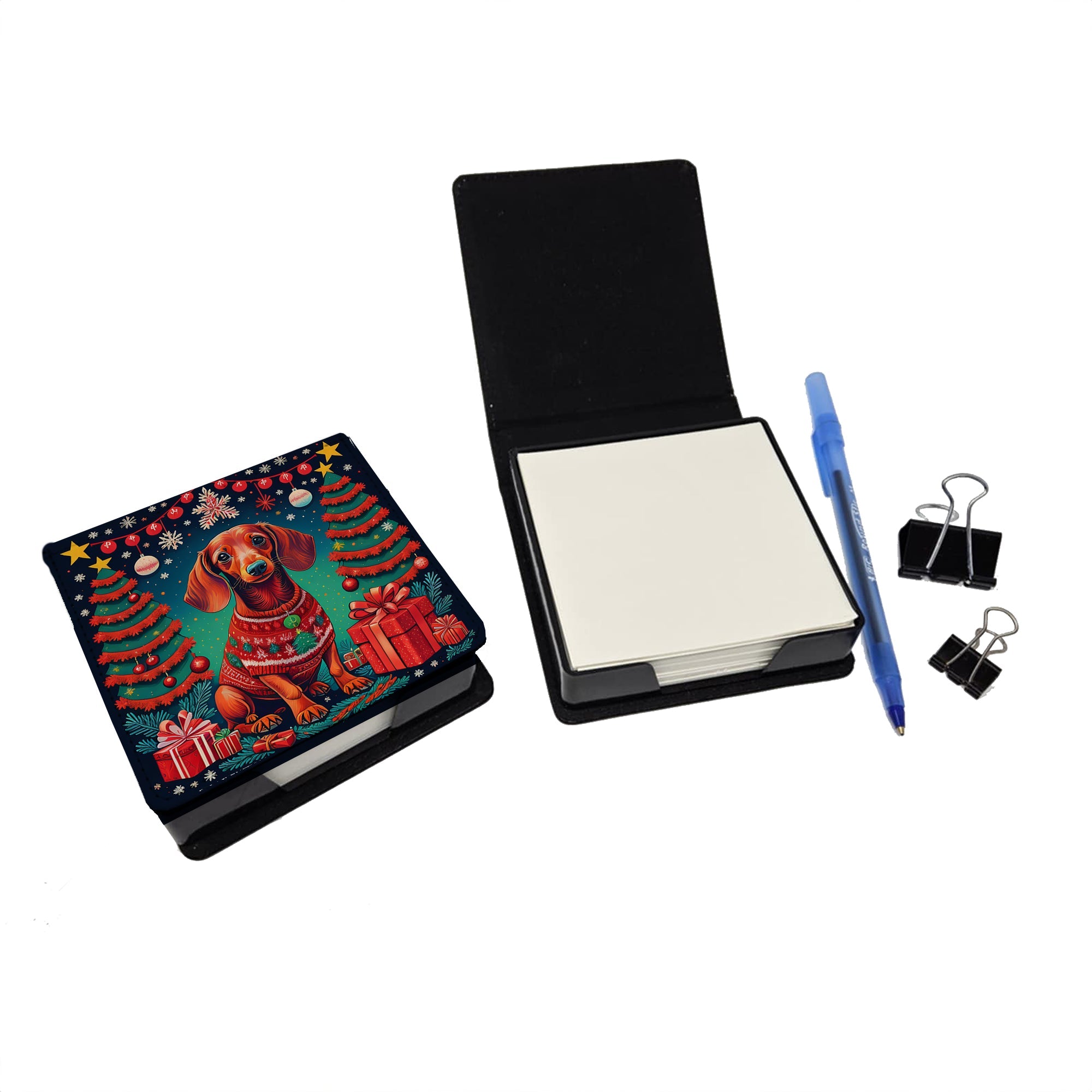 Dachshund Christmas PU Leather Note Paper Holder with Artist-Designed Cover, Desk Accessory, Office Gift