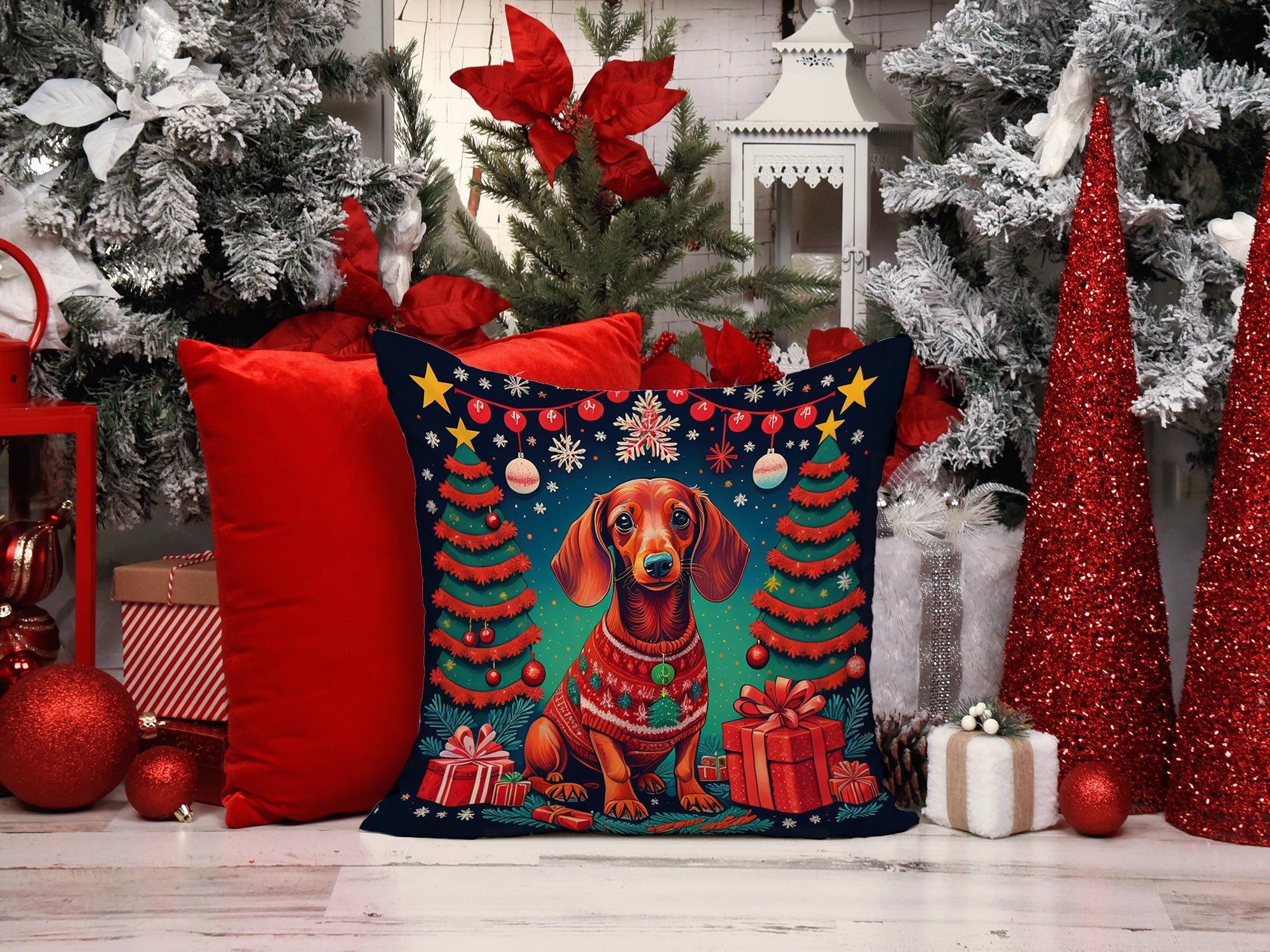 Dachshund Christmas Decorative Throw Pillow 14x14 Indoor Outdoor Accent Cushion, Fabric Cover with Insert for Sofa, Bed, Porch & Living Room