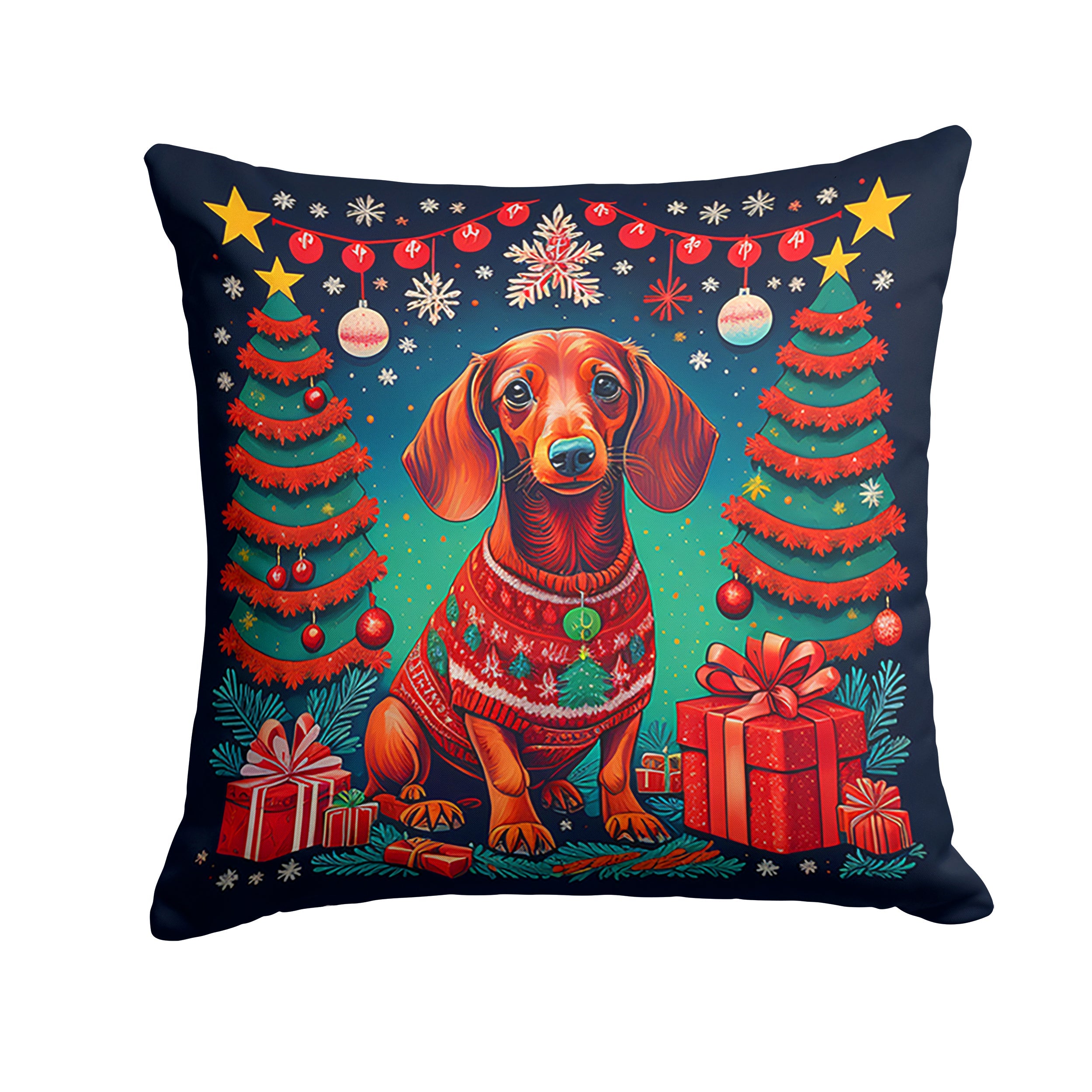 Dachshund Christmas Decorative Throw Pillow 18x18 Indoor Outdoor Accent Cushion, Fabric Cover with Insert for Sofa, Bed, Porch & Living Room