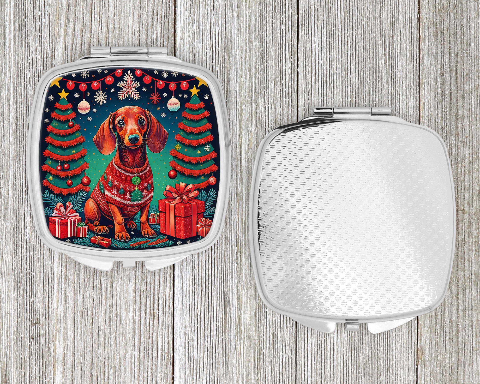 Dachshund Christmas Compact Mirror Decorative Travel Makeup Mirror for Women Girls Gifts Pocket Makeup Mirror Folding Handheld