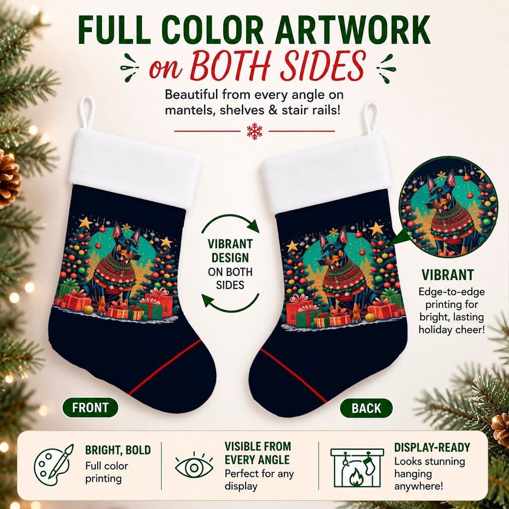 Doberman Pinscher Christmas Holiday Stocking Double-Sided Print, Polyester Suede,11x18, Made in USA