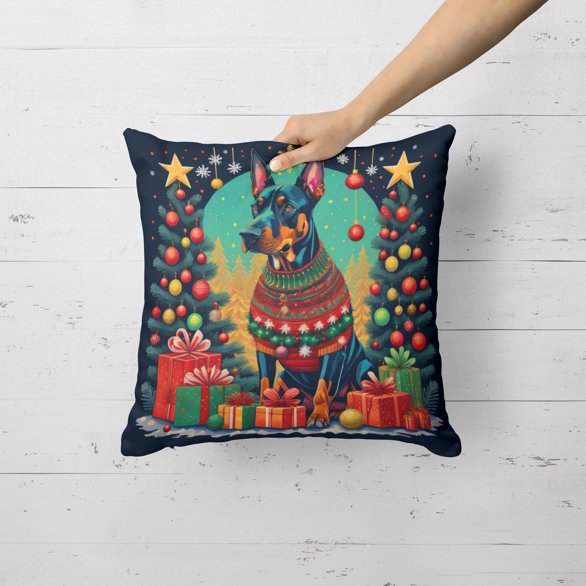 Doberman Pinscher Christmas Decorative Throw Pillow 14x14 Indoor Outdoor Accent Cushion, Fabric Cover with Insert for Sofa, Bed, Porch & Living Room