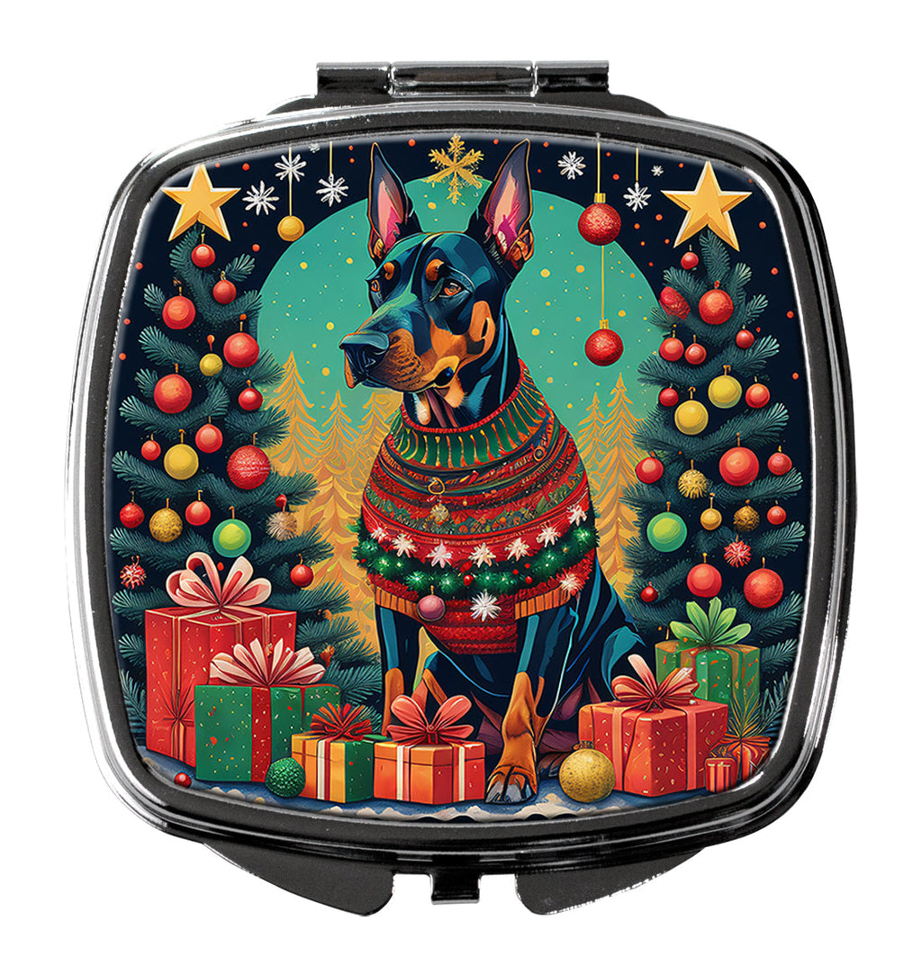 Doberman Pinscher Christmas Compact Mirror Decorative Travel Makeup Mirror for Women Girls Gifts Pocket Makeup Mirror Folding Handheld