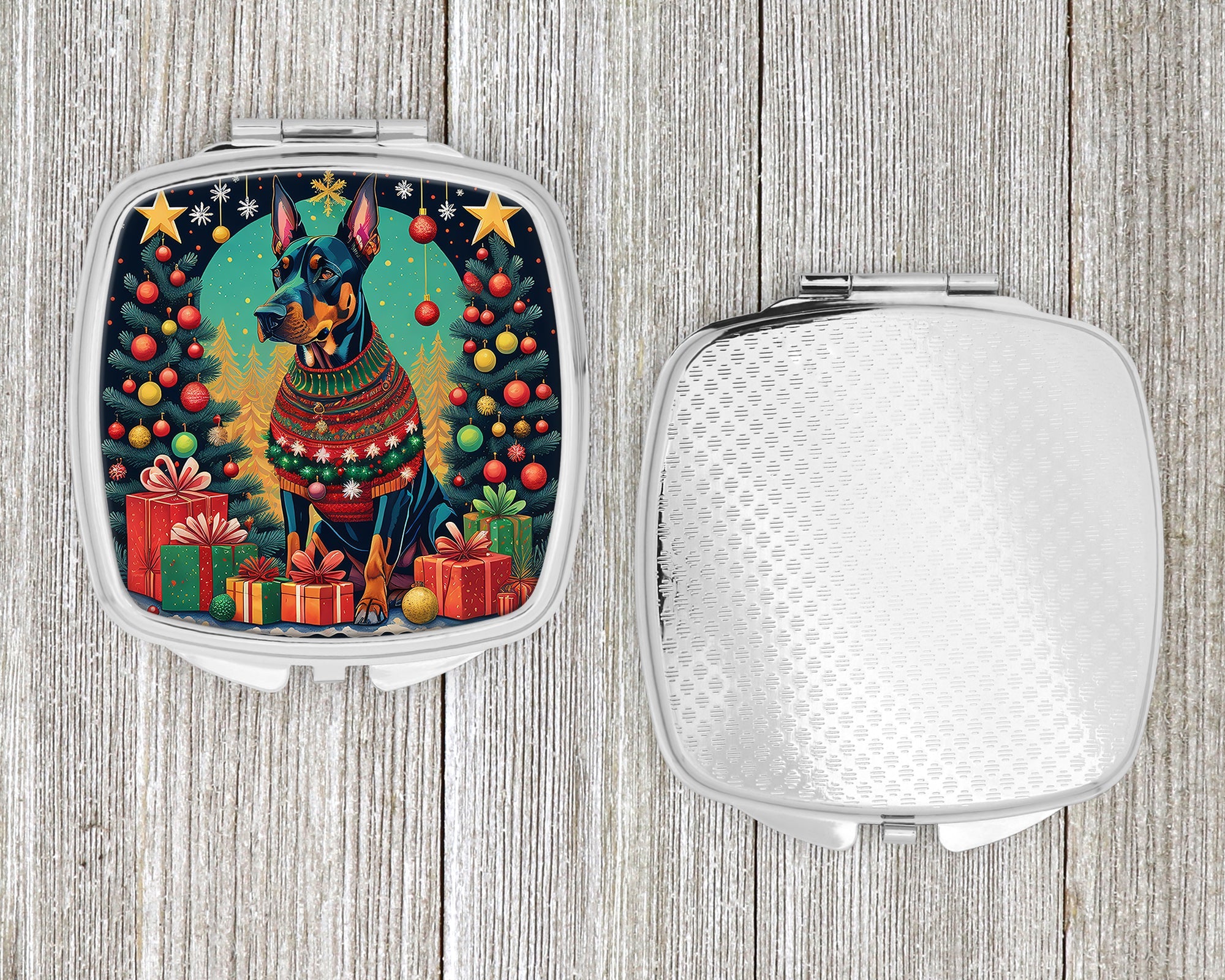 Doberman Pinscher Christmas Compact Mirror Decorative Travel Makeup Mirror for Women Girls Gifts Pocket Makeup Mirror Folding Handheld