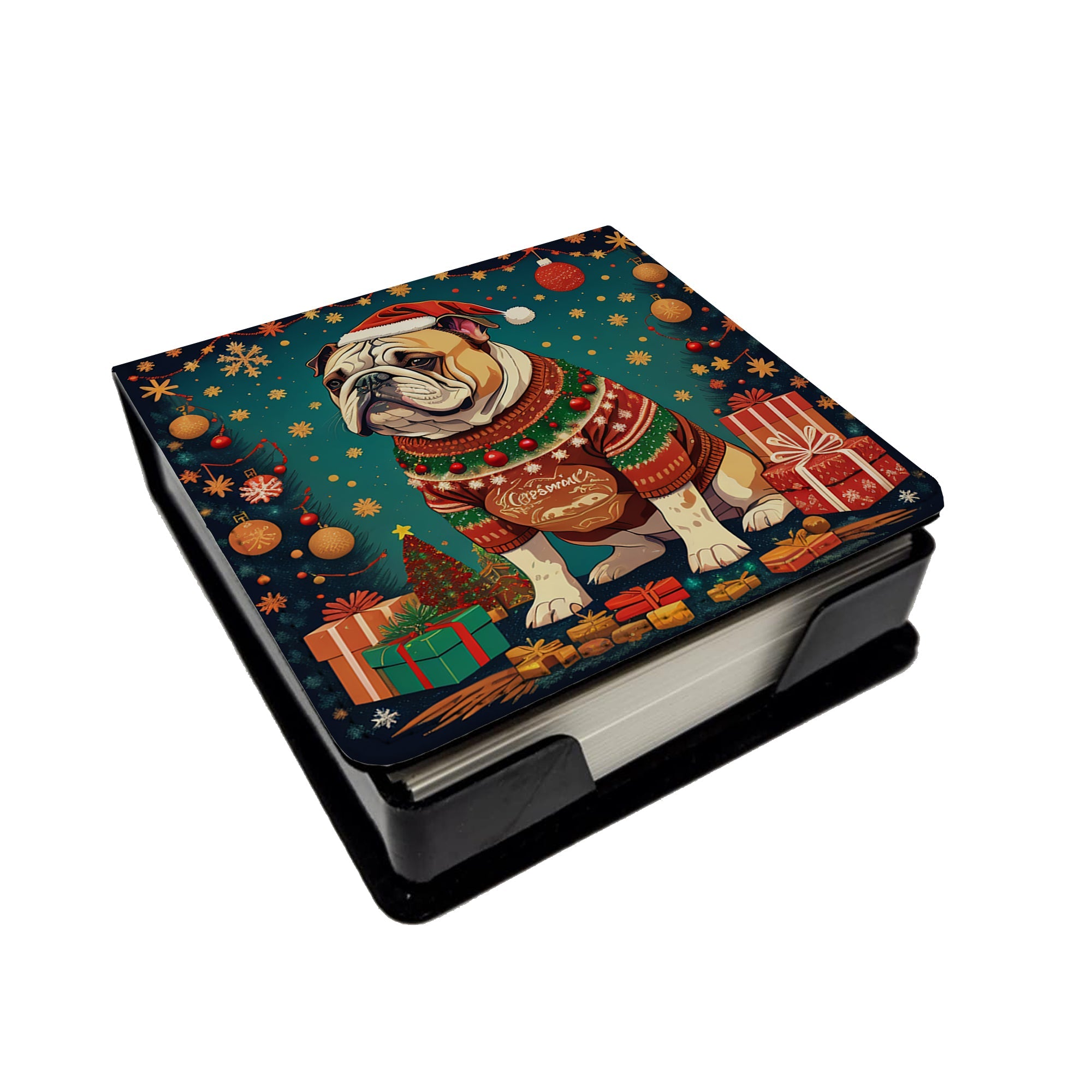 English Bulldog Christmas PU Leather Note Paper Holder with Artist-Designed Cover, Desk Accessory, Office Gift
