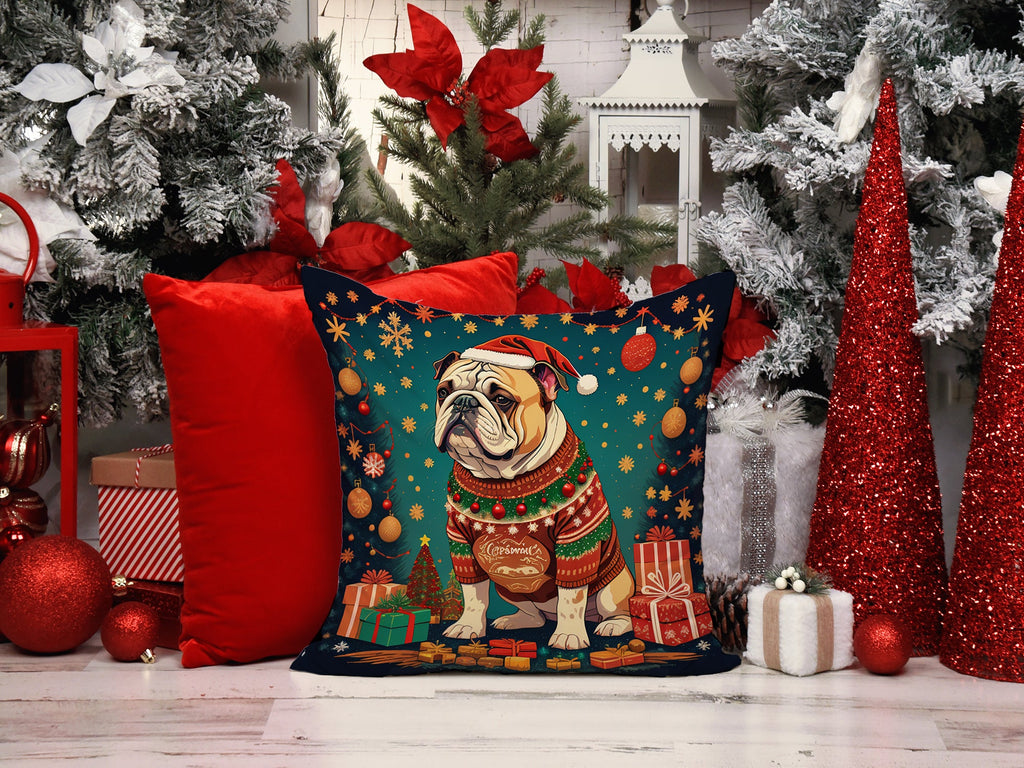 English Bulldog Christmas Decorative Throw Pillow 14x14 Indoor Outdoor Accent Cushion, Fabric Cover with Insert for Sofa, Bed, Porch & Living Room