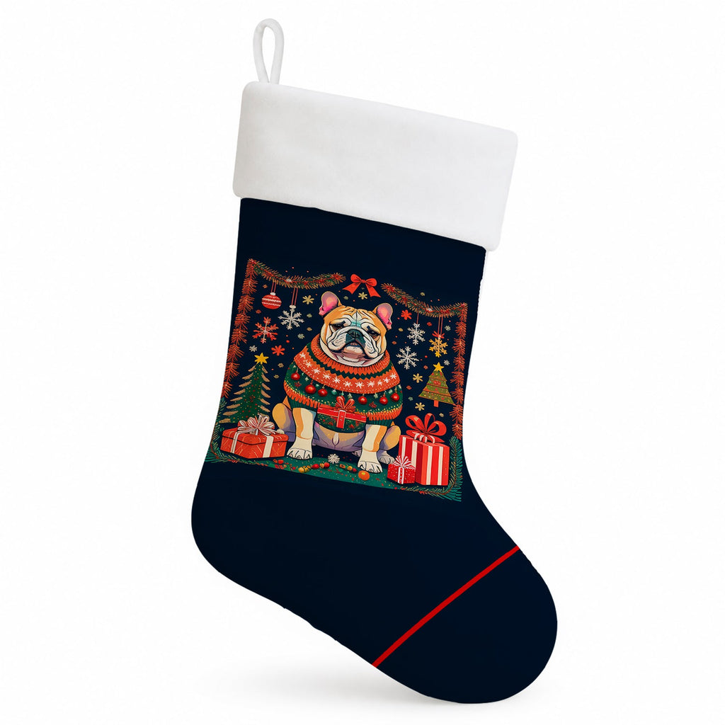 English Bulldog Christmas Holiday Stocking Double-Sided Print, Polyester Suede,11x18, Made in USA