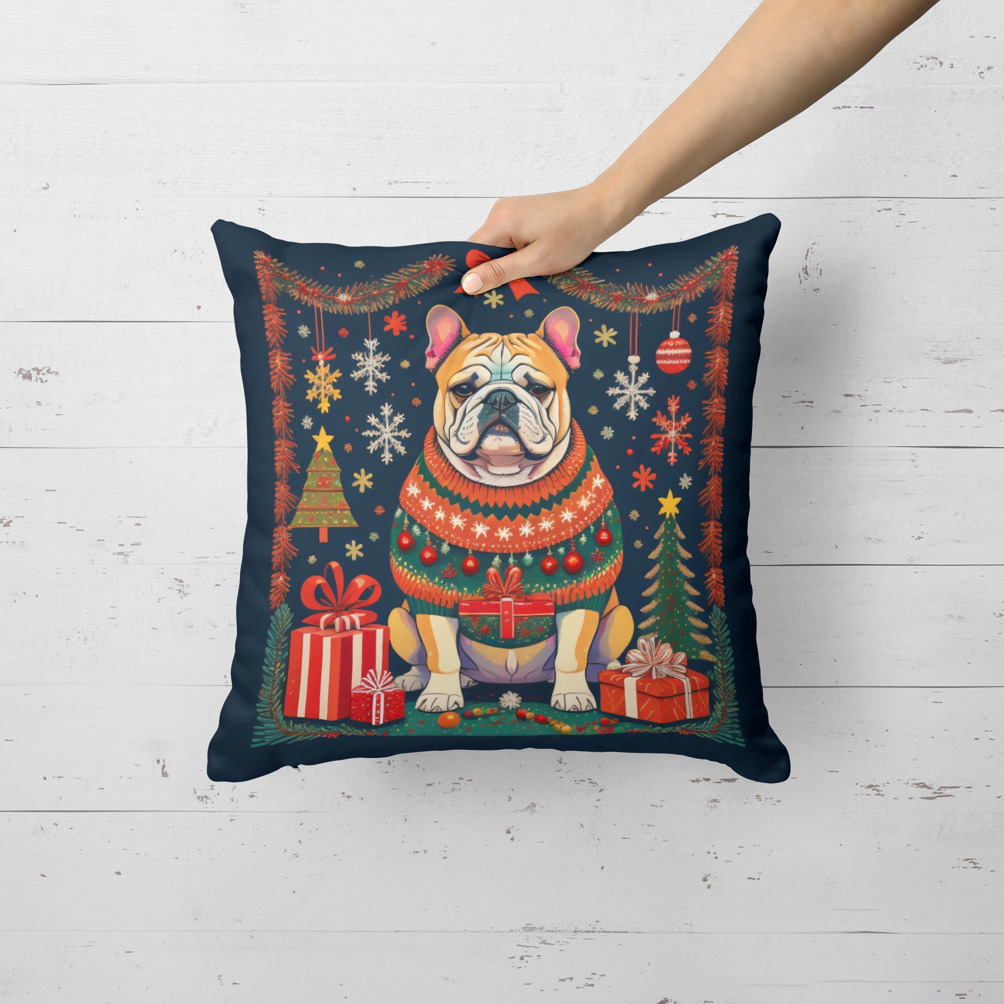 English Bulldog Christmas Decorative Throw Pillow 14x14 Indoor Outdoor Accent Cushion, Fabric Cover with Insert for Sofa, Bed, Porch & Living Room