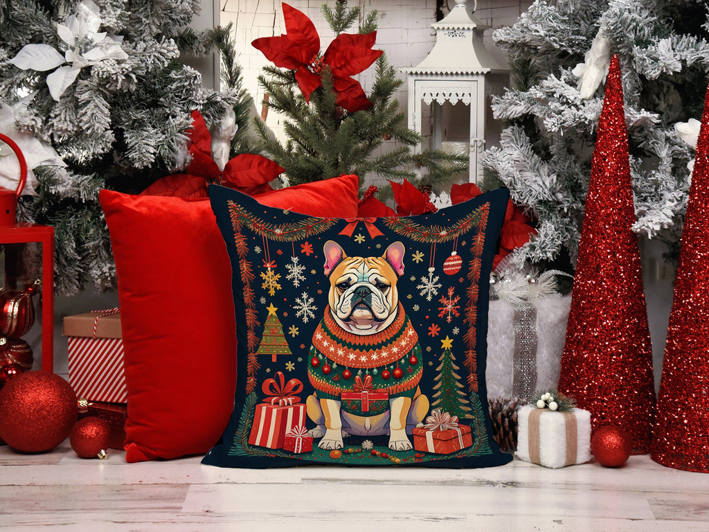 English Bulldog Christmas Decorative Throw Pillow 14x14 Indoor Outdoor Accent Cushion, Fabric Cover with Insert for Sofa, Bed, Porch & Living Room