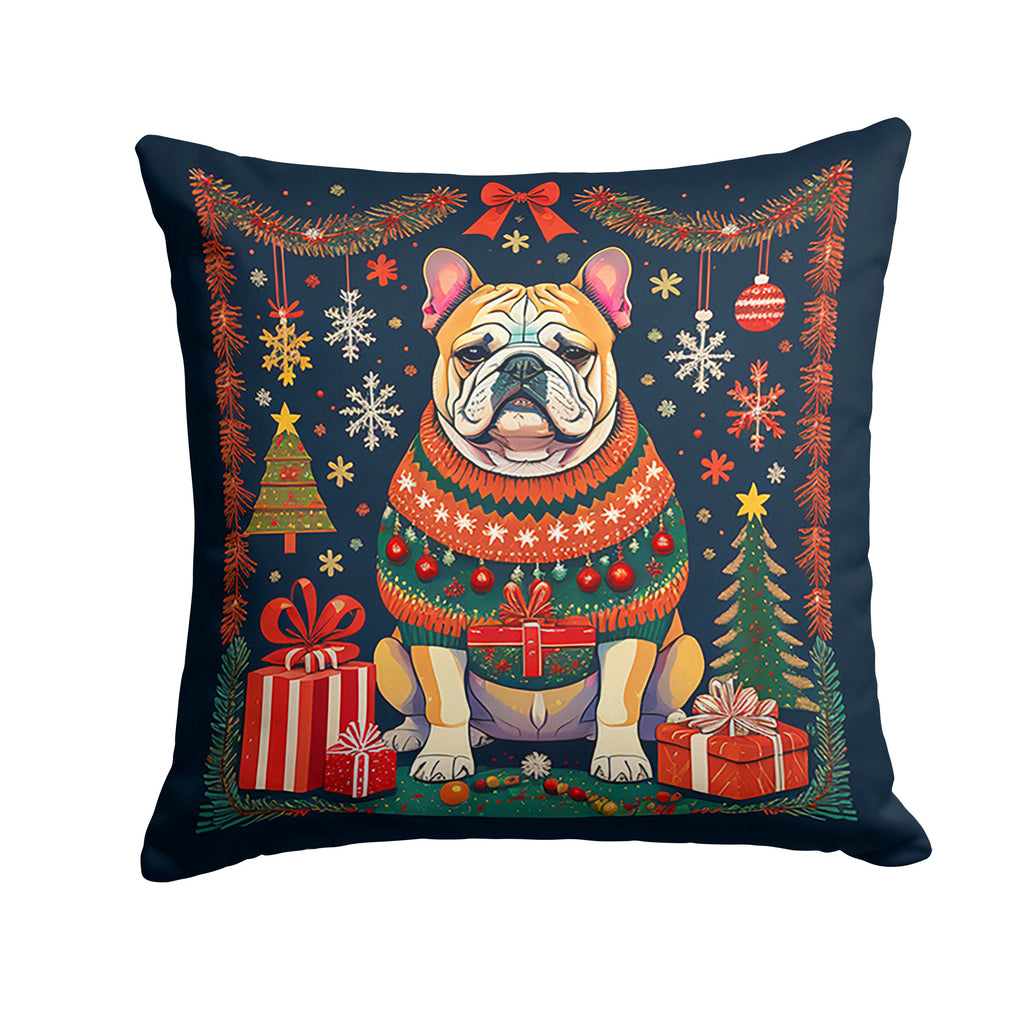 English Bulldog Christmas Decorative Throw Pillow 18x18 Indoor Outdoor Accent Cushion, Fabric Cover with Insert for Sofa, Bed, Porch & Living Room
