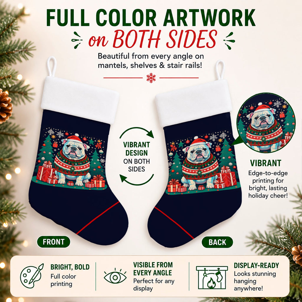 White English Bulldog Christmas Holiday Stocking Double-Sided Print, Polyester Suede,11x18, Made in USA