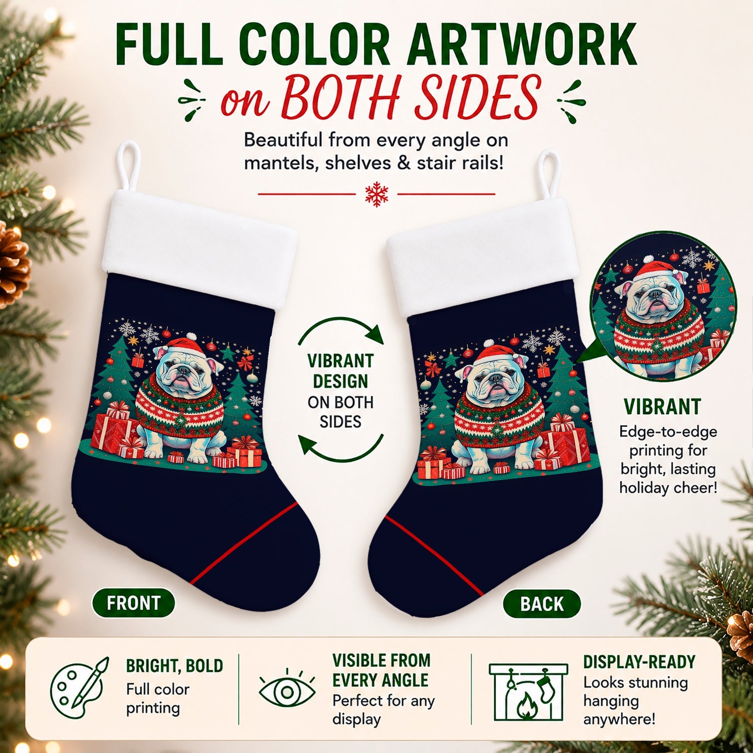 White English Bulldog Christmas Holiday Stocking Double-Sided Print, Polyester Suede,11x18, Made in USA
