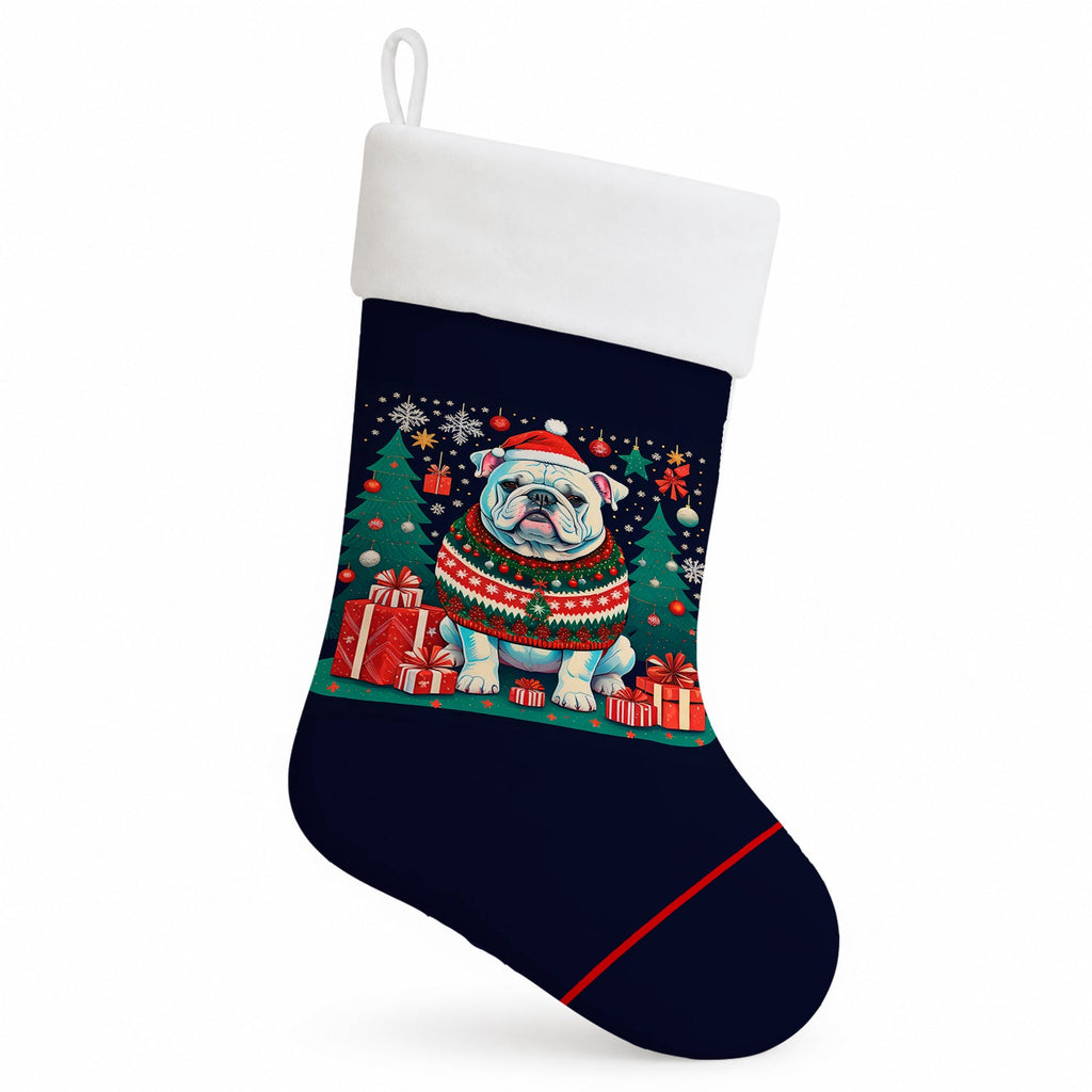 White English Bulldog Christmas Holiday Stocking Double-Sided Print, Polyester Suede,11x18, Made in USA