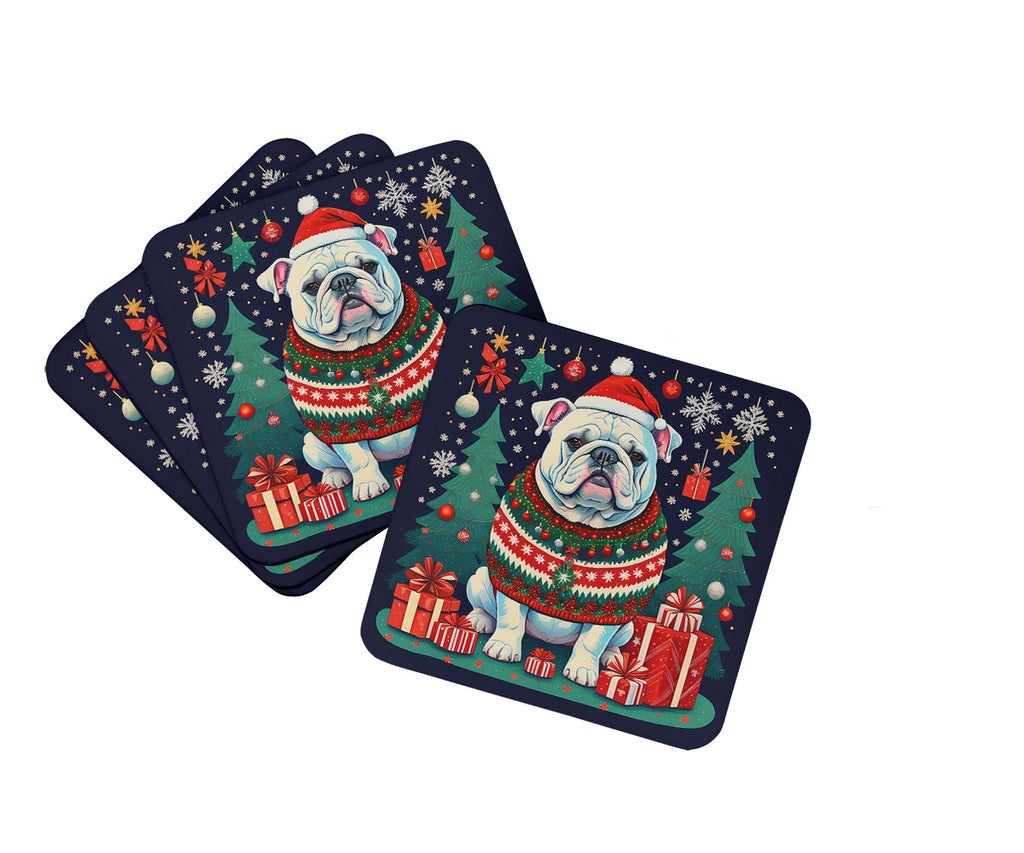 White English Bulldog Christmas Foam Coasters Set of 4 Cup Coasters for Indoor Outdoor, Tabletop Protection, Anti Slip, Mouse pad Material