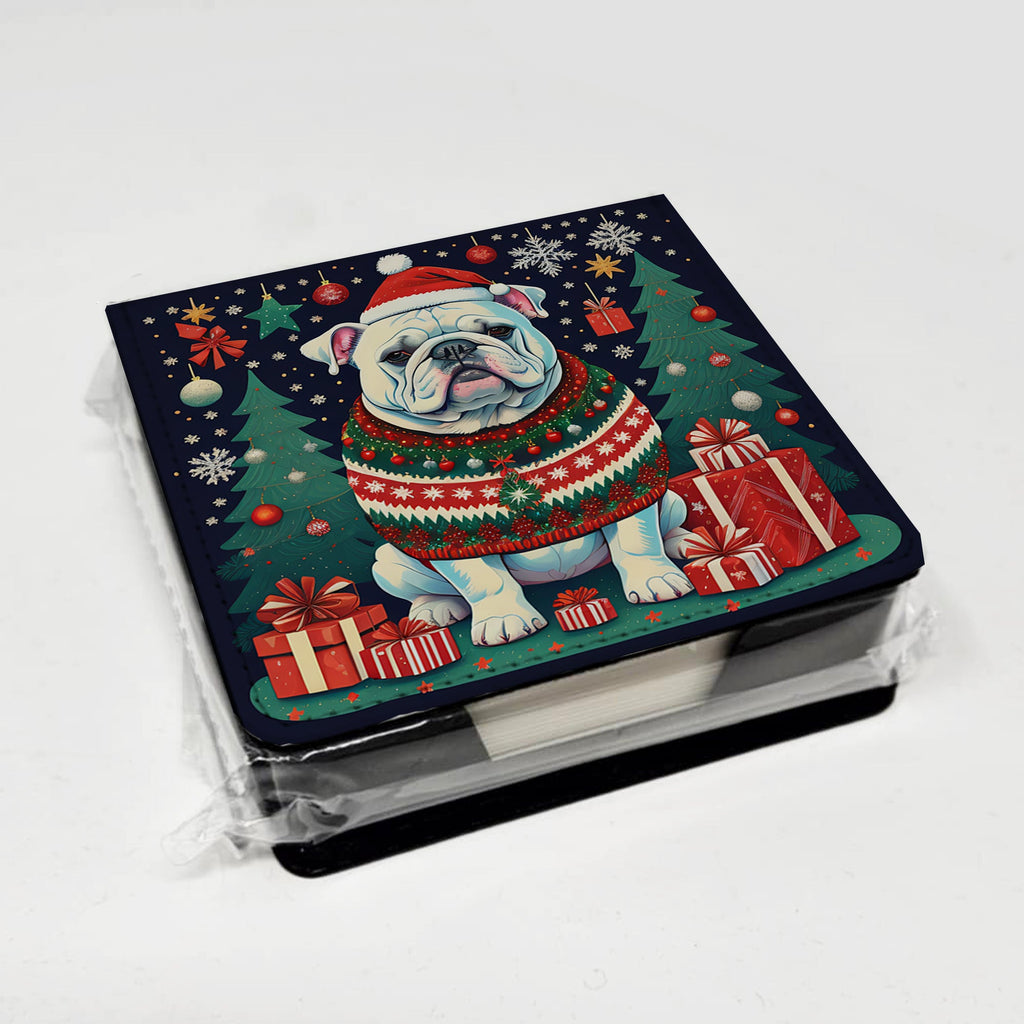 White English Bulldog Christmas PU Leather Note Paper Holder with Artist-Designed Cover, Desk Accessory, Office Gift