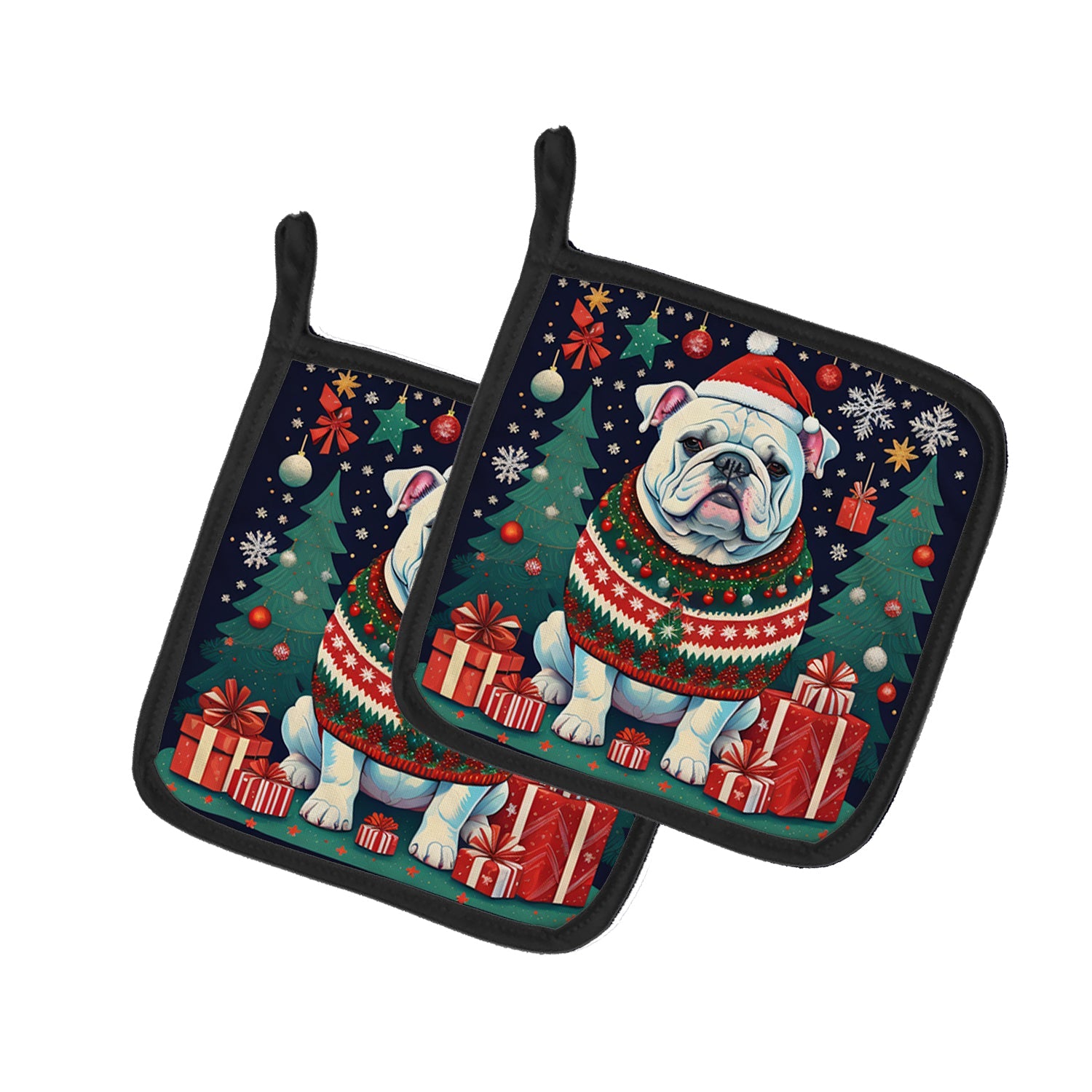White English Bulldog Christmas Pot Holder Set of 2 Heat Resistant Quilted Hot Pads 7.5 x 7.5 Inch, Insulated Kitchen Trivets for Cooking & Baking