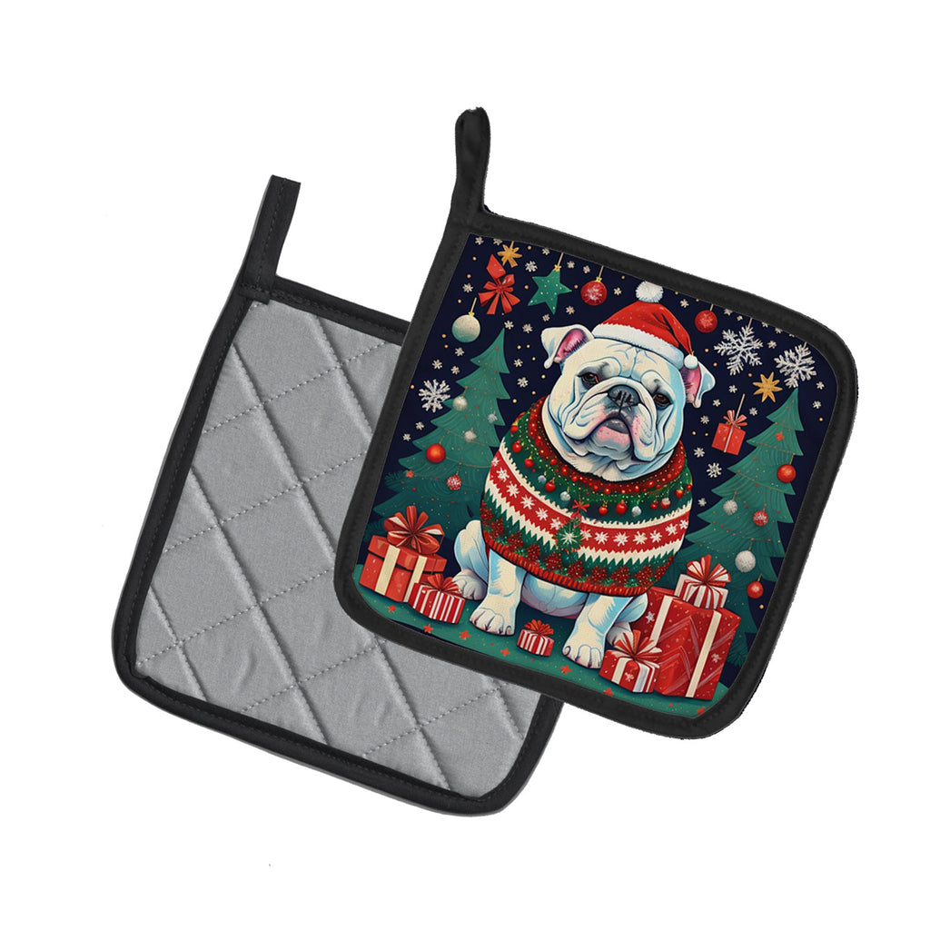 White English Bulldog Christmas Pot Holder Set of 2 Heat Resistant Quilted Hot Pads 7.5 x 7.5 Inch, Insulated Kitchen Trivets for Cooking & Baking