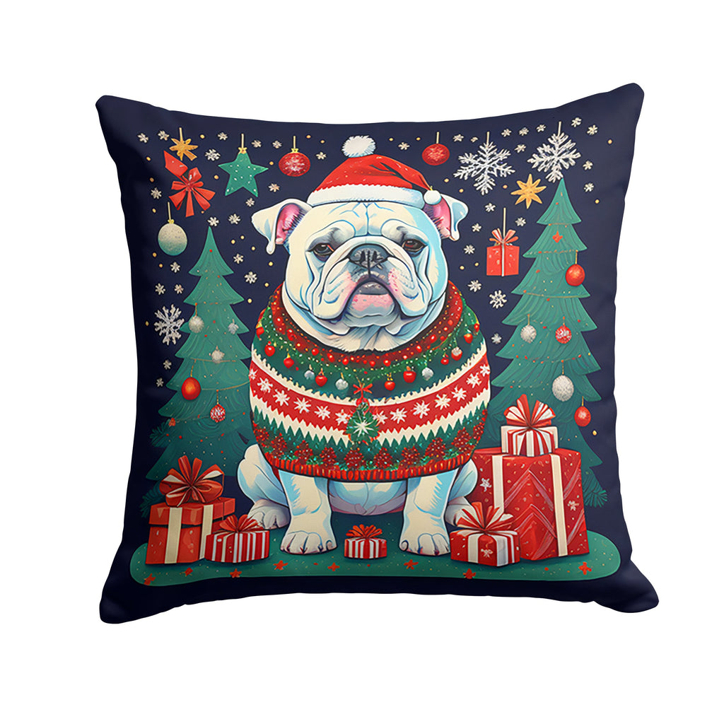 White English Bulldog Christmas Decorative Throw Pillow 18x18 Indoor Outdoor Accent Cushion, Fabric Cover with Insert for Sofa, Bed, Porch & Living Room