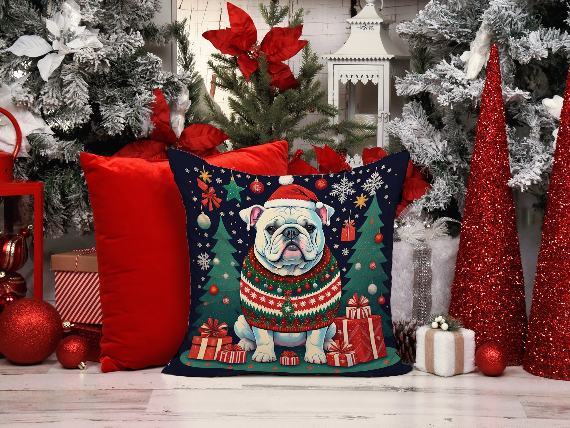 White English Bulldog Christmas Decorative Throw Pillow 18x18 Indoor Outdoor Accent Cushion, Fabric Cover with Insert for Sofa, Bed, Porch & Living Room