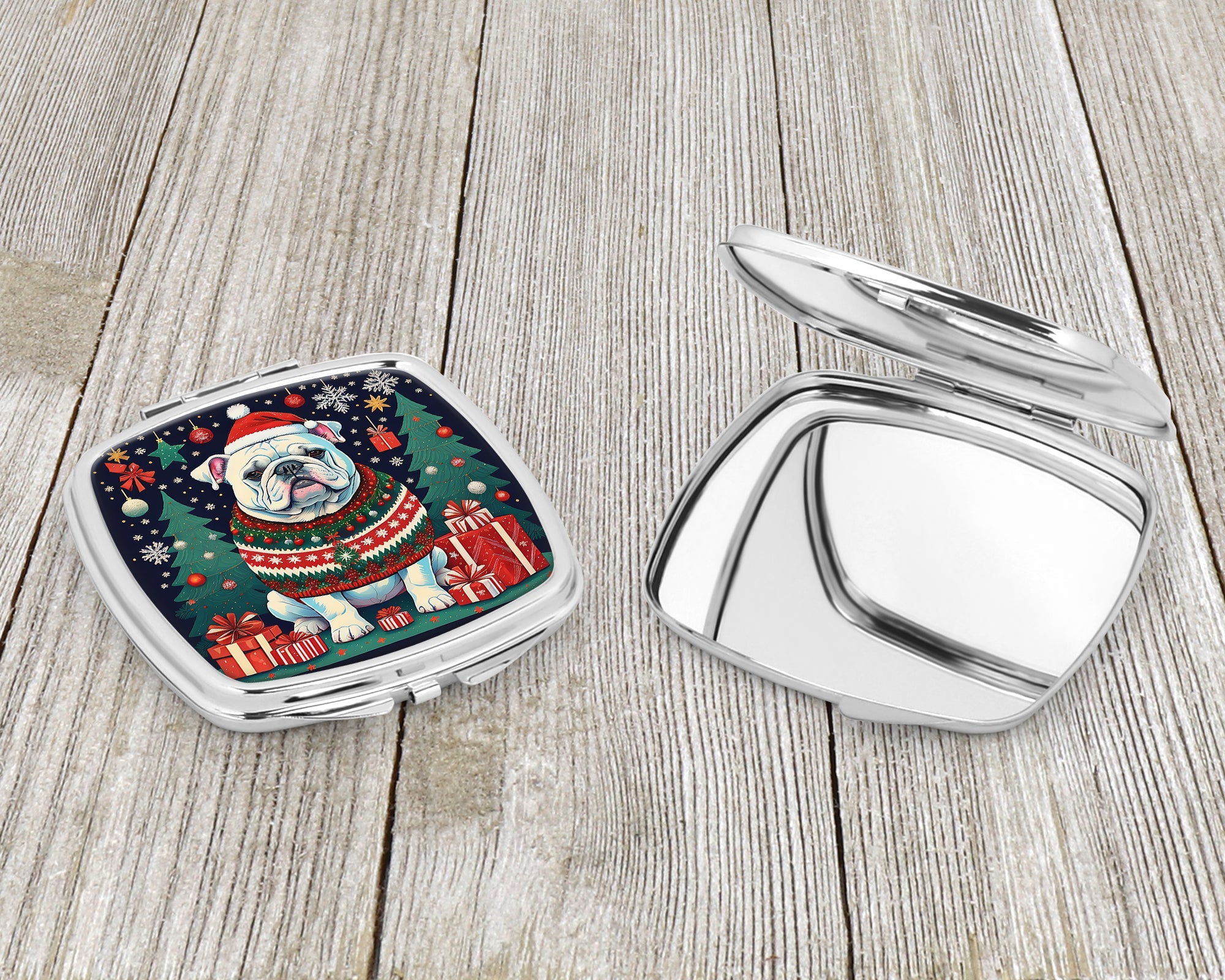 White English Bulldog Christmas Compact Mirror Decorative Travel Makeup Mirror for Women Girls Gifts Pocket Makeup Mirror Folding Handheld