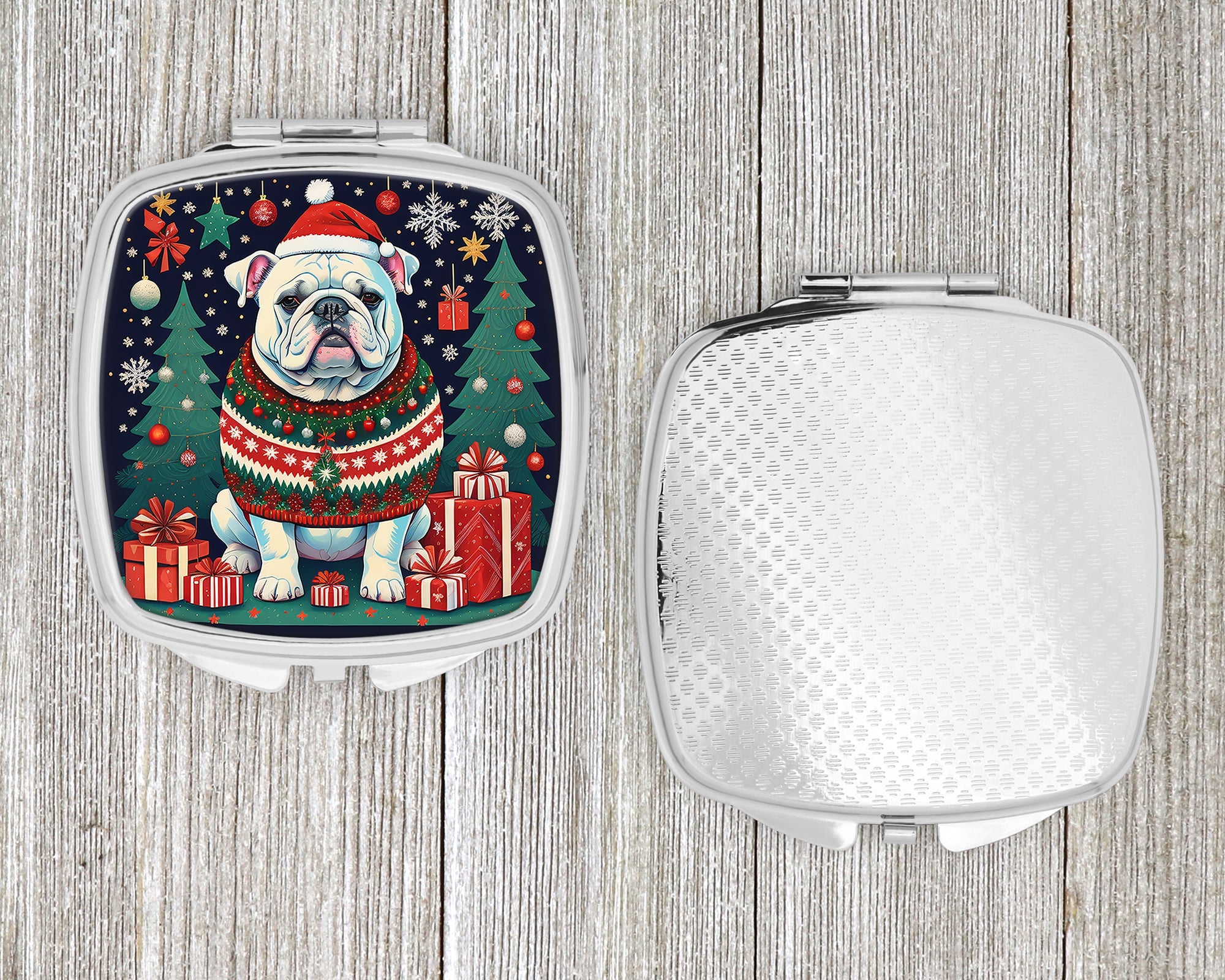 White English Bulldog Christmas Compact Mirror Decorative Travel Makeup Mirror for Women Girls Gifts Pocket Makeup Mirror Folding Handheld