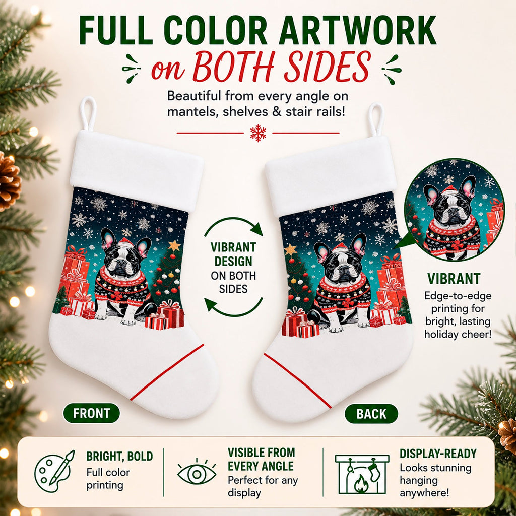 French Bulldog Christmas Holiday Stocking Double-Sided Print, Polyester Suede,11x18, Made in USA