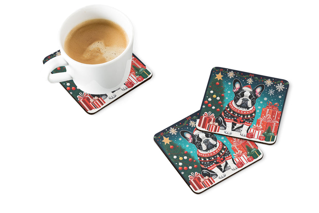 French Bulldog Christmas Foam Coasters Set of 4 Cup Coasters for Indoor Outdoor, Tabletop Protection, Anti Slip, Mouse pad Material