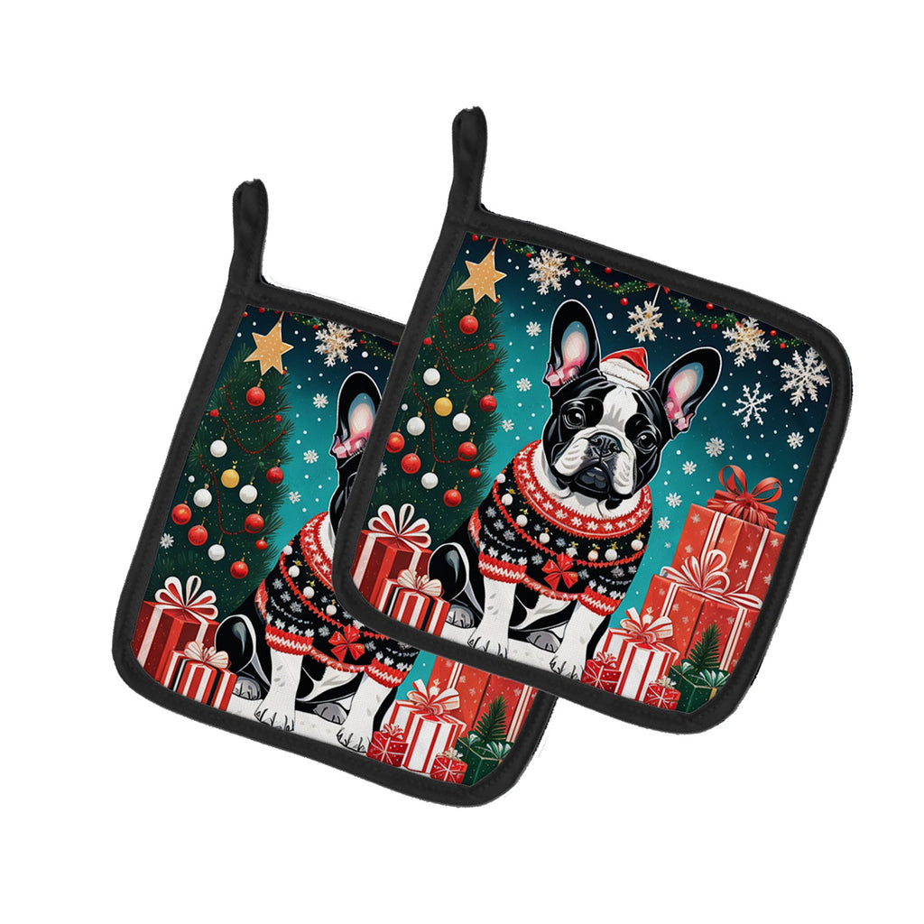 French Bulldog Christmas Pot Holder Set of 2 Heat Resistant Quilted Hot Pads 7.5 x 7.5 Inch, Insulated Kitchen Trivets for Cooking & Baking