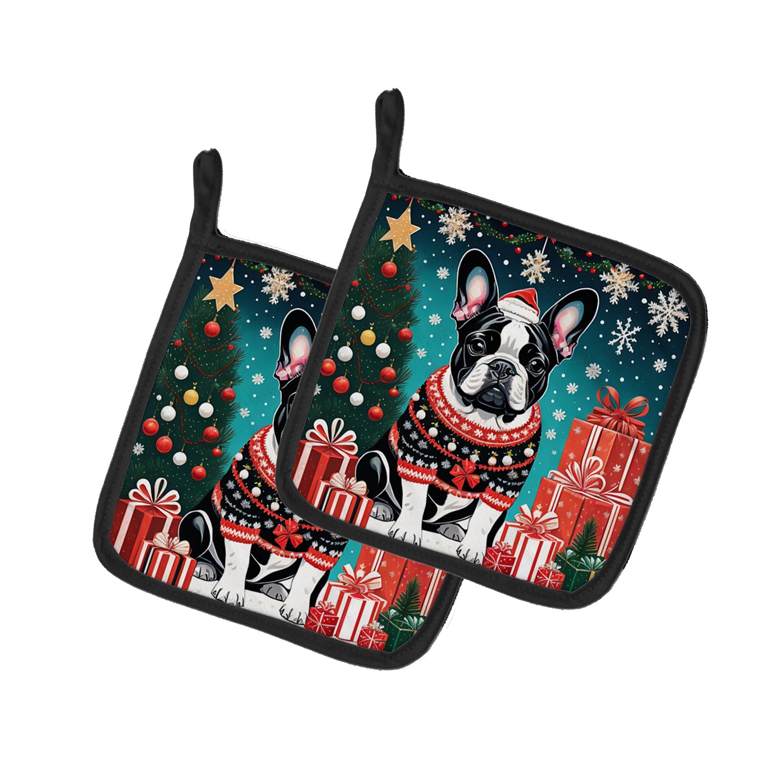 French Bulldog Christmas Pot Holder Set of 2 Heat Resistant Quilted Hot Pads 7.5 x 7.5 Inch, Insulated Kitchen Trivets for Cooking & Baking