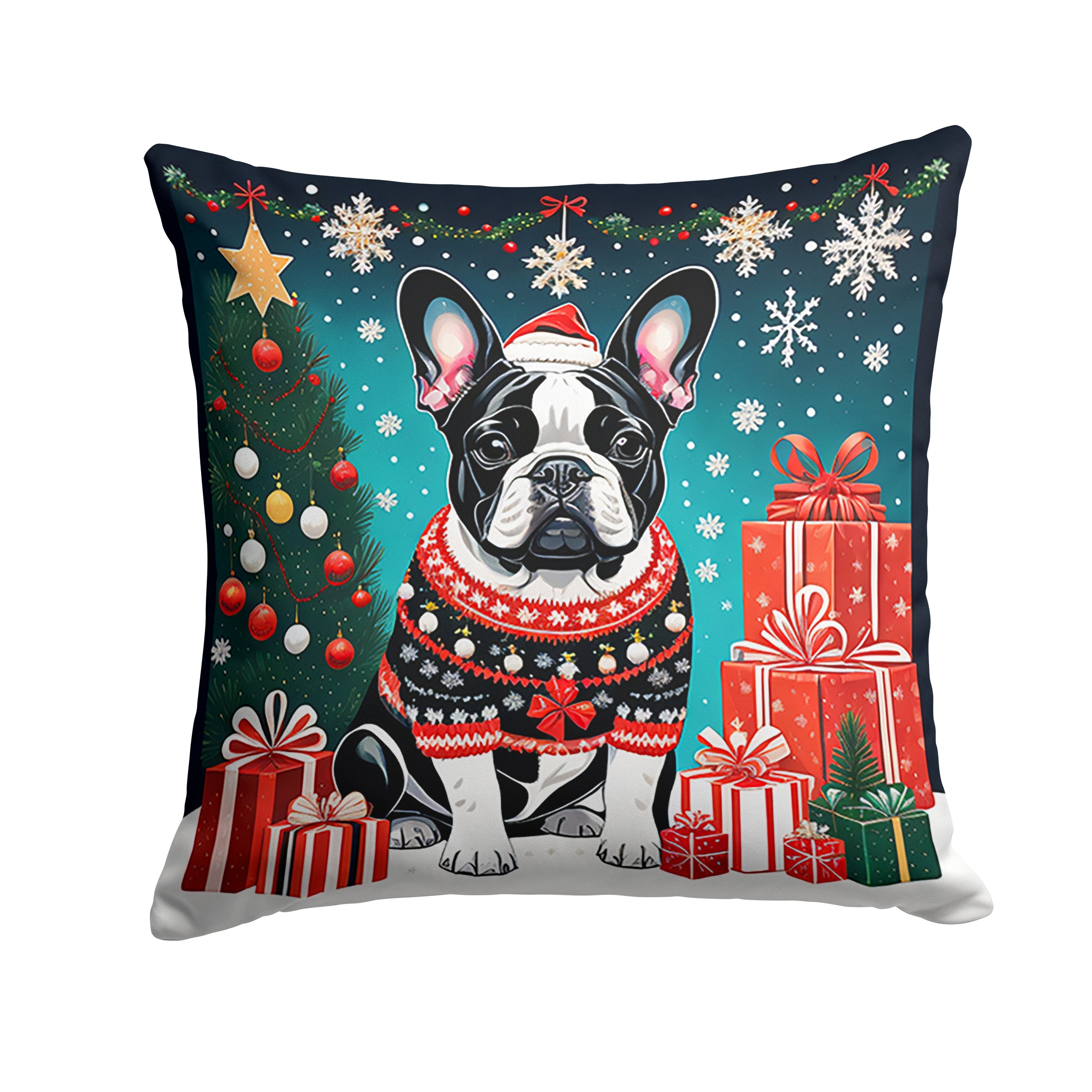 French Bulldog Christmas Decorative Throw Pillow 14x14 Indoor Outdoor Accent Cushion, Fabric Cover with Insert for Sofa, Bed, Porch & Living Room