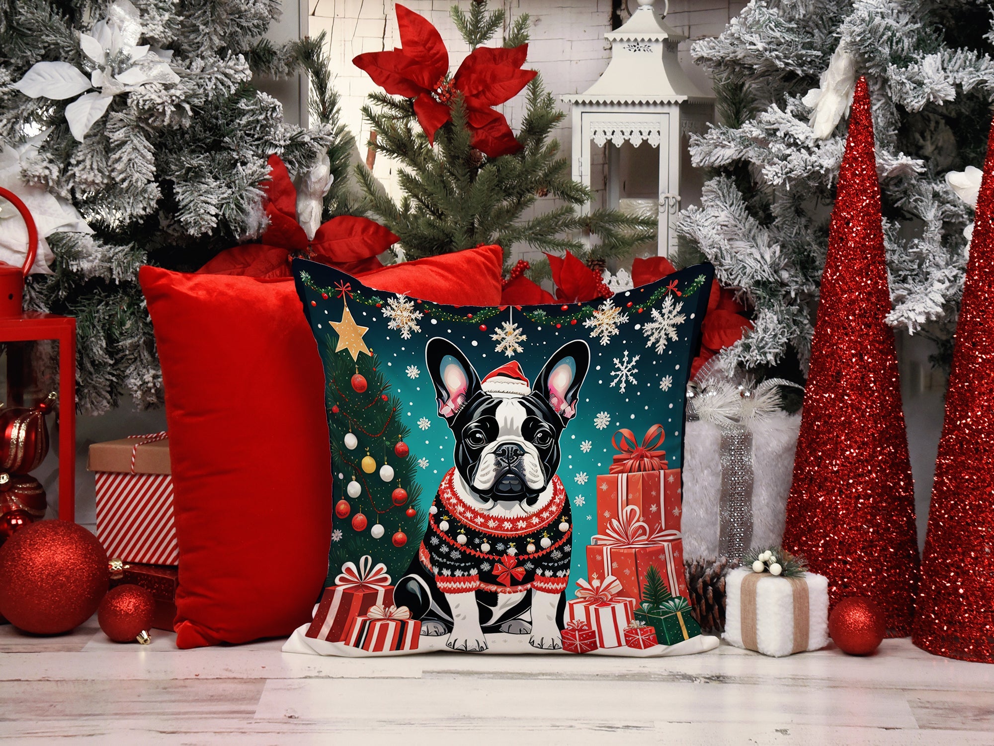 French Bulldog Christmas Decorative Throw Pillow 18x18 Indoor Outdoor Accent Cushion, Fabric Cover with Insert for Sofa, Bed, Porch & Living Room