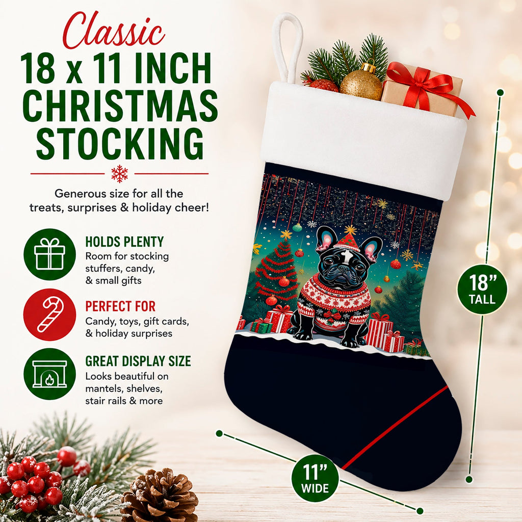 Black French Bulldog Christmas Holiday Stocking Double-Sided Print, Polyester Suede,11x18, Made in USA