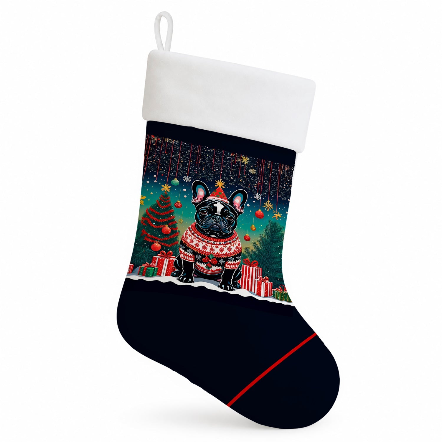 Black French Bulldog Christmas Holiday Stocking Double-Sided Print, Polyester Suede,11x18, Made in USA