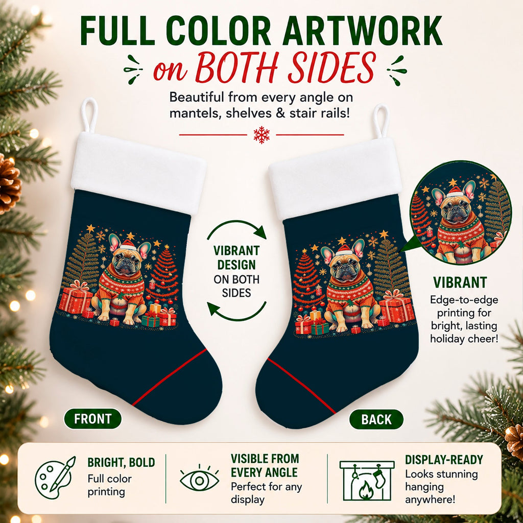 Fawn French Bulldog Christmas Holiday Stocking Double-Sided Print, Polyester Suede,11x18, Made in USA
