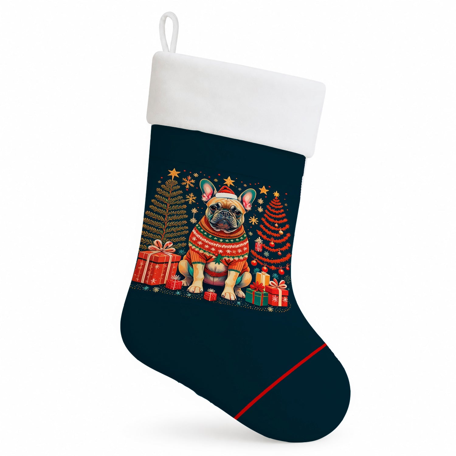 Fawn French Bulldog Christmas Holiday Stocking Double-Sided Print, Polyester Suede,11x18, Made in USA
